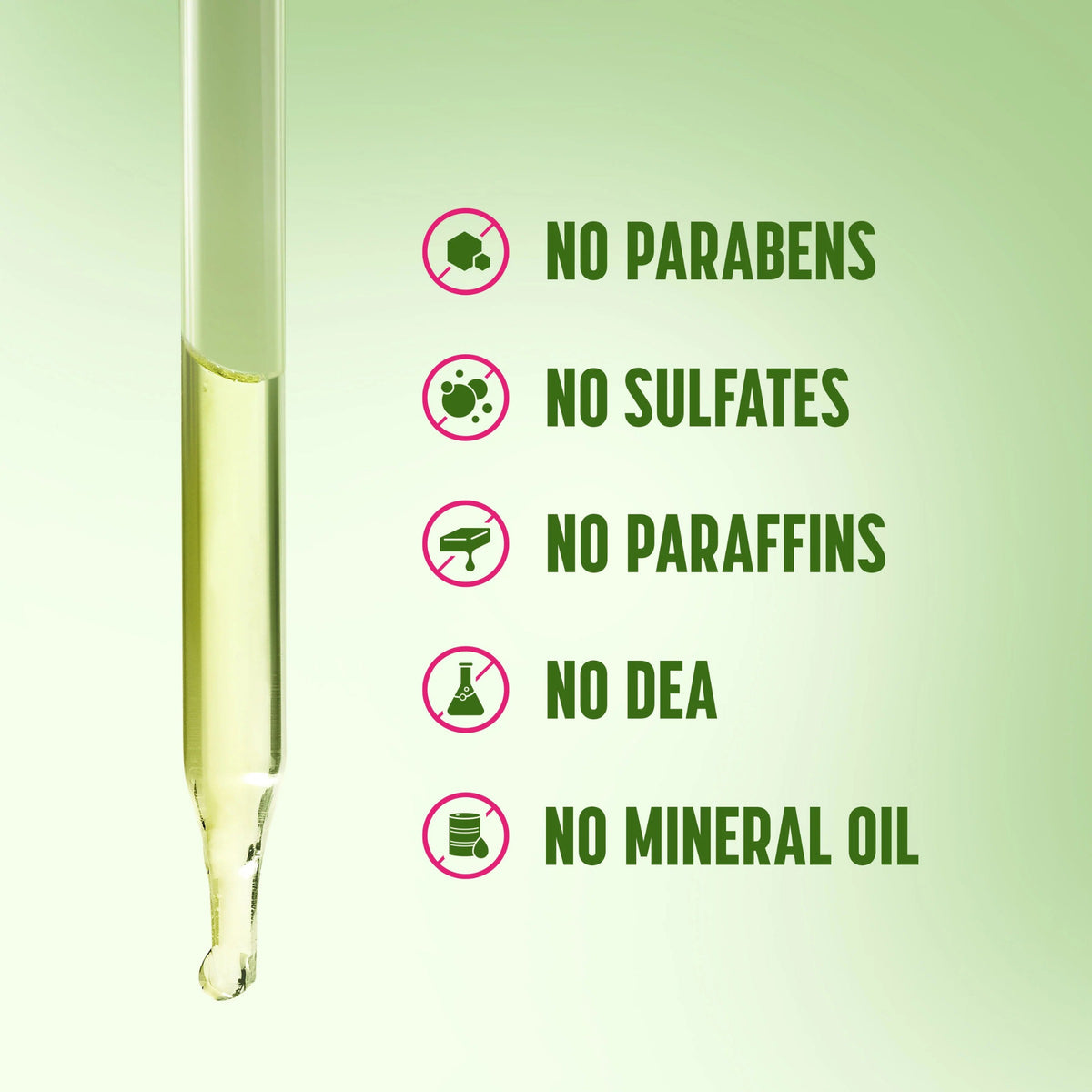 Pipette med gylden olie ved siden af ikoner: ingen parabener, sulfater, paraffiner, DEA eller mineralolie.