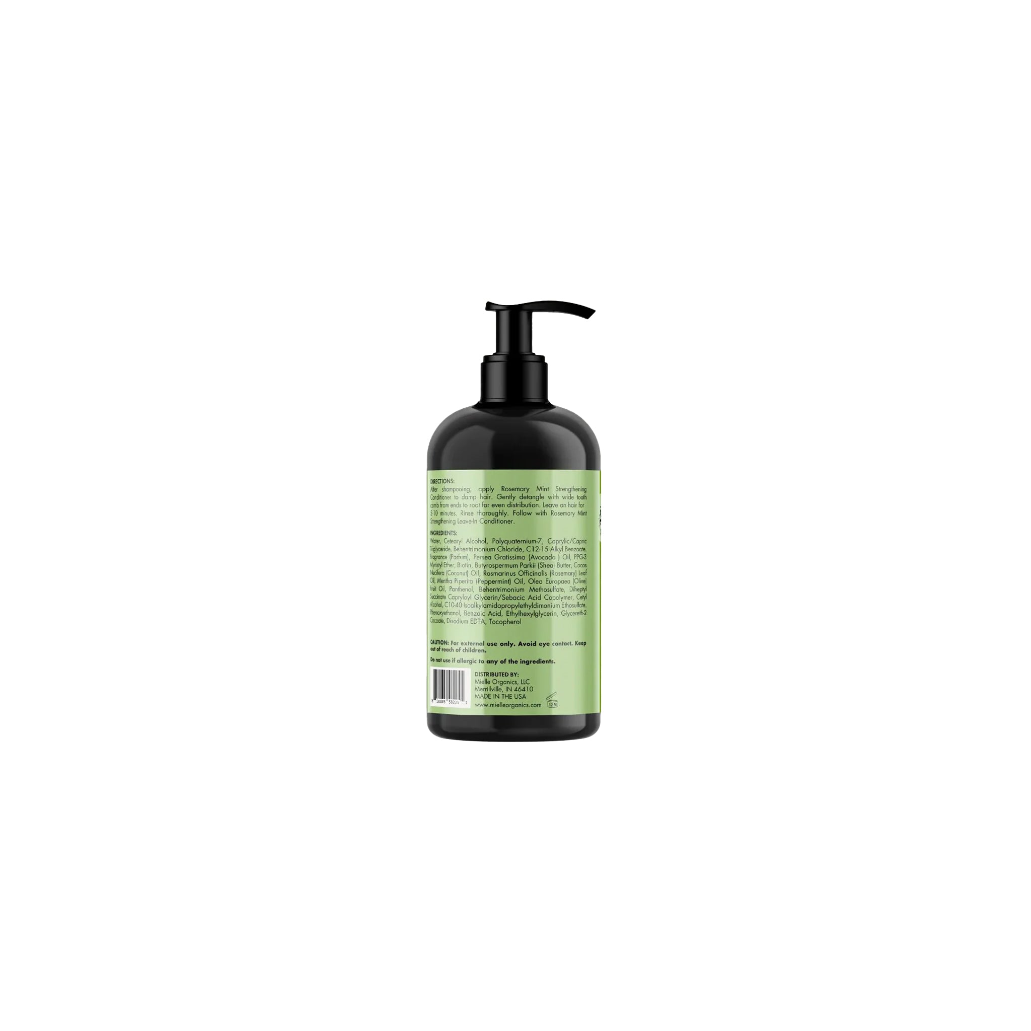 Bagside af sort pumpeflaske Mielle Rosemary Mint Strengthening Conditioner 355ml med grøn etiket, viser ingredienser og brugervejledning.