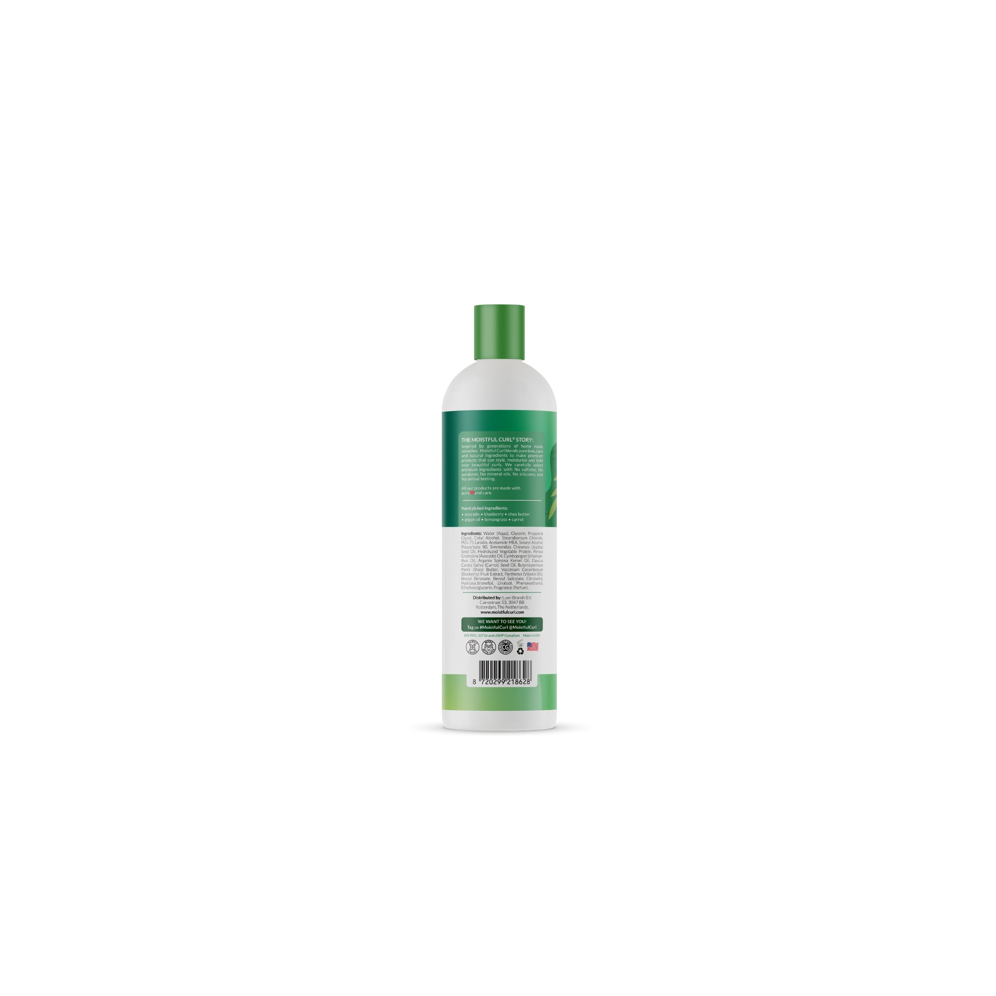 Etiketten på bagsiden af Moistful Curl Curl Enhancing Curl Activator Lotion (473ml) indeholder ingrediensliste, brugsanvisning og yderligere information.