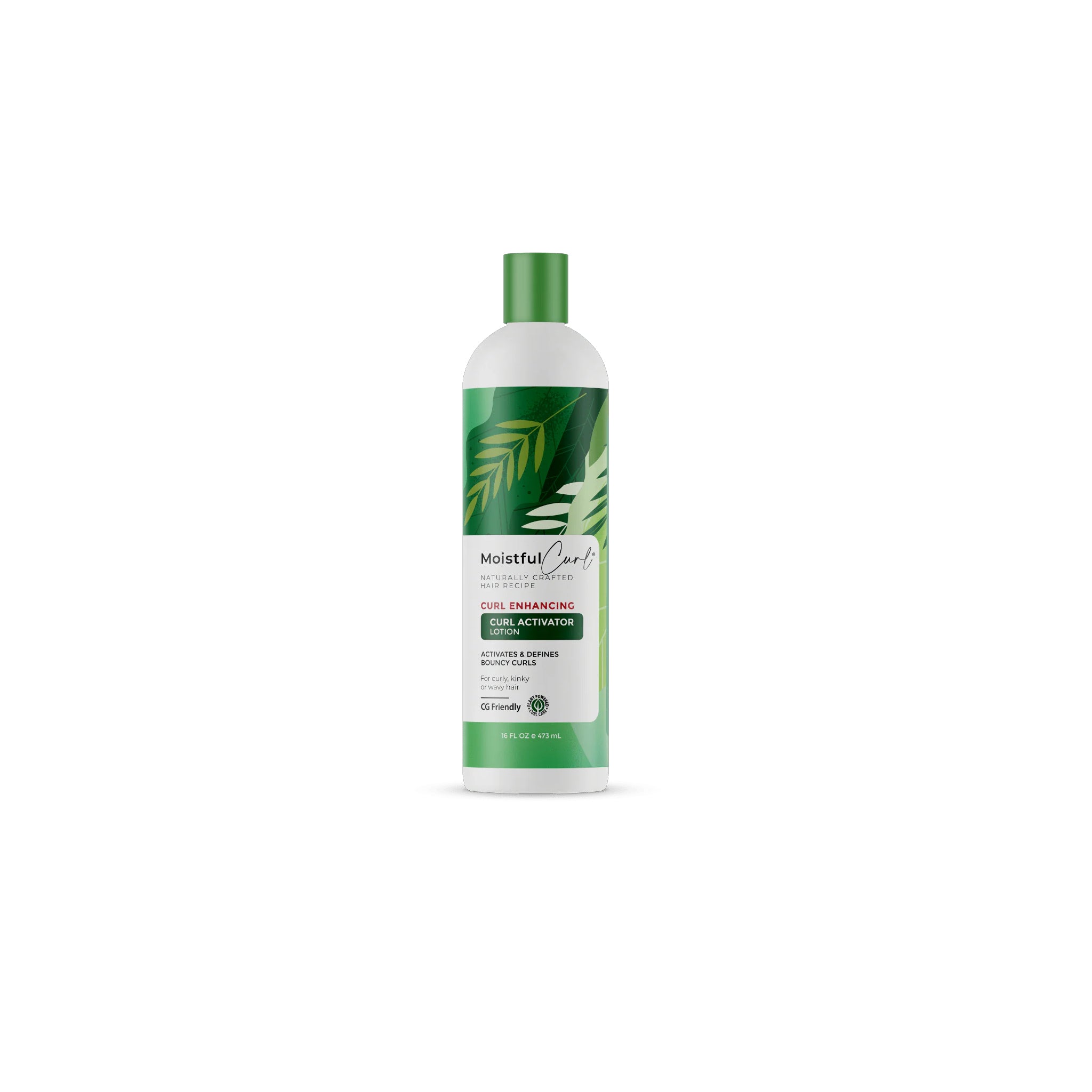 Hvid flaske med Moistful Curl Curl Enhancing Curl Activator Lotion (473ml). Grøn etiket med palmeblade og tekst om aktivering og definition af krøller.