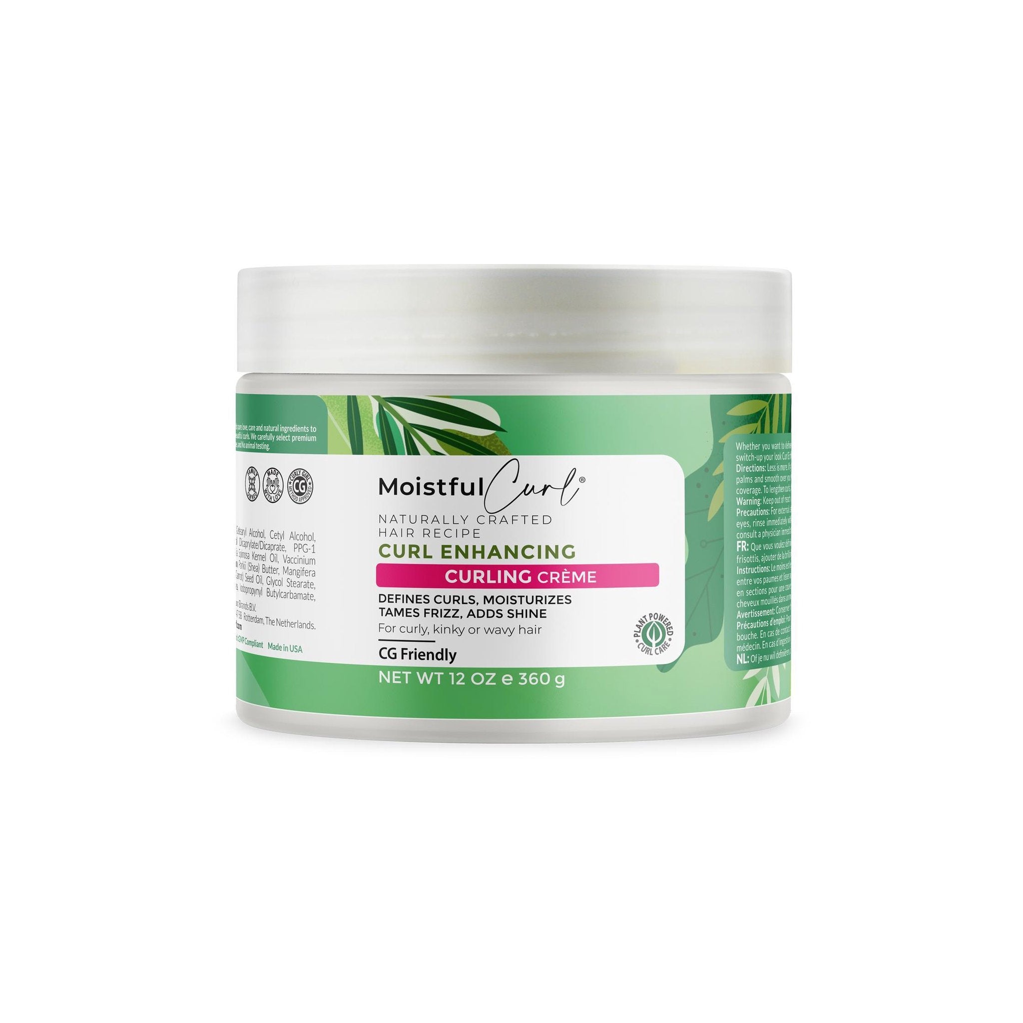 Moistful Curl Curl Enhancing Curling Crème (360g). Hvid beholder i plast med grøn etiket, der lover at definere krøller, fugte, tæmme krus og tilføje glans.