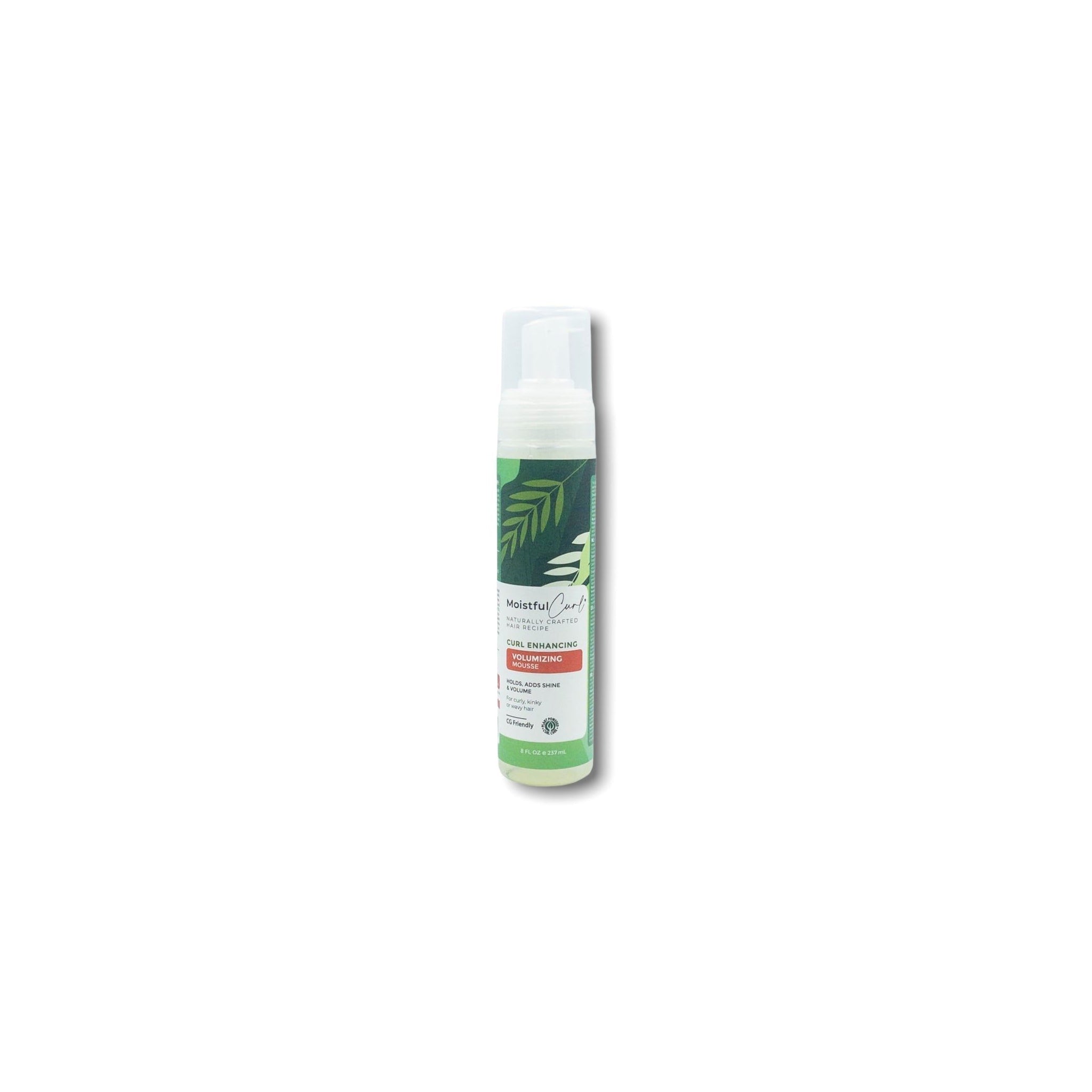 Flaske med Moistful Curl Curl Enhancing Volumizing Mousse (237ml). Hvid flaske med grøn etiket, der lover at forstærke krøller, tilføje glans og volumen.