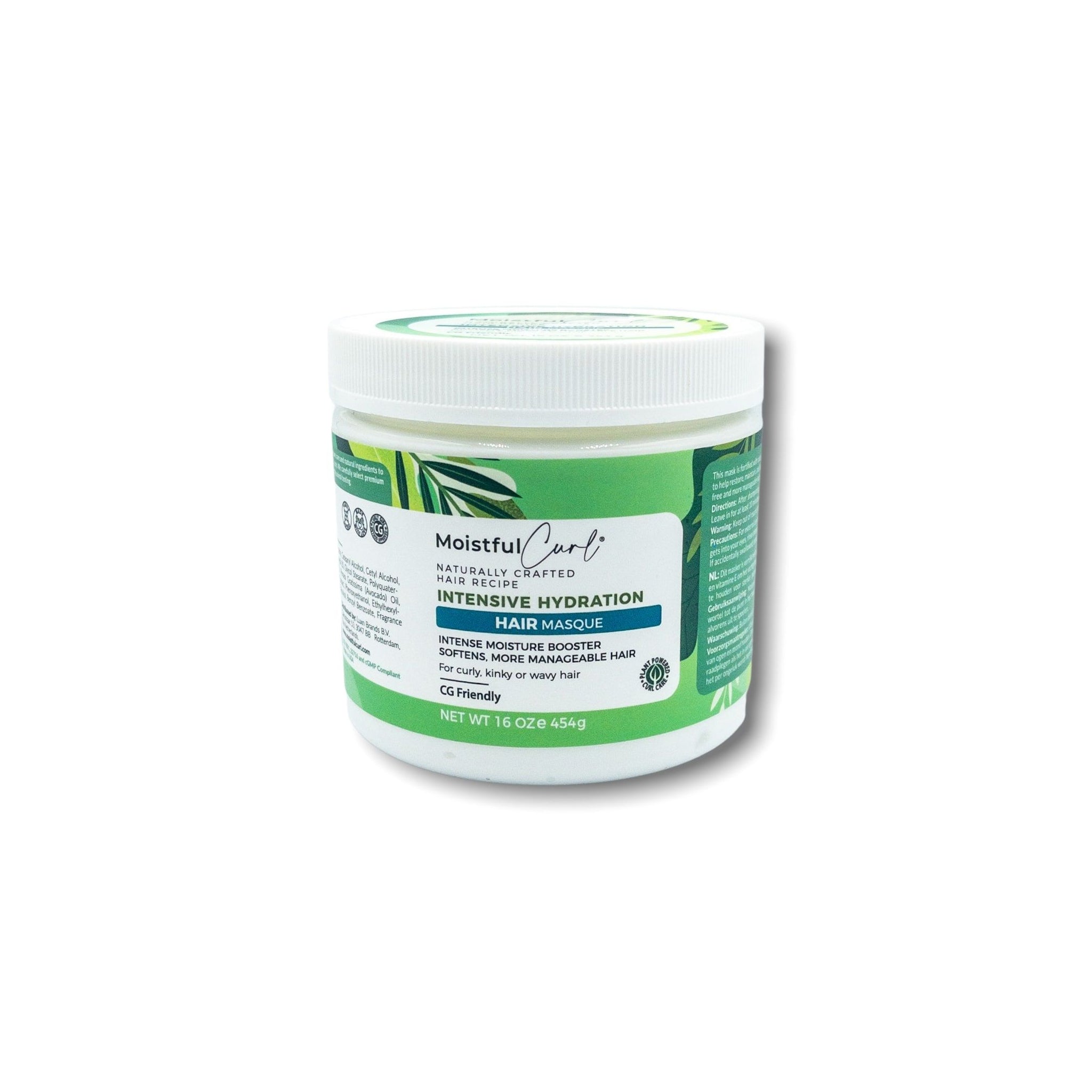 Hvid beholder i plast med Moistful Curl Intensive Hydration Hair Masque (454g). Grøn etiket med tekst om fugtboost til krøllet, kinky og bølget hår.