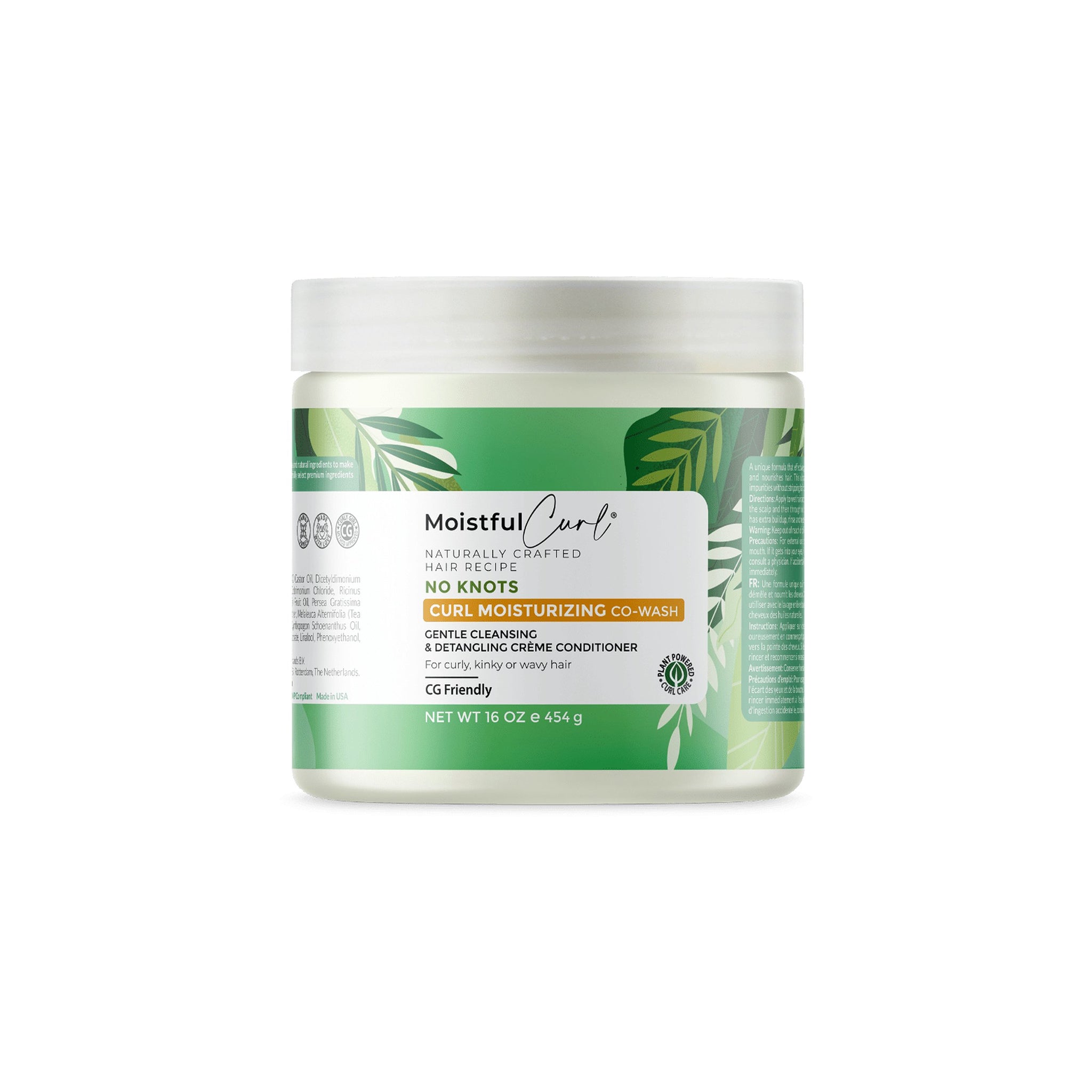 Front af en hvid beholder i plast med en grøn etikette. Produktet hedder Moistful Curls No-Knots Curl Moisturizing Co-Wash og er beregnet til krøllet, bølget hår.