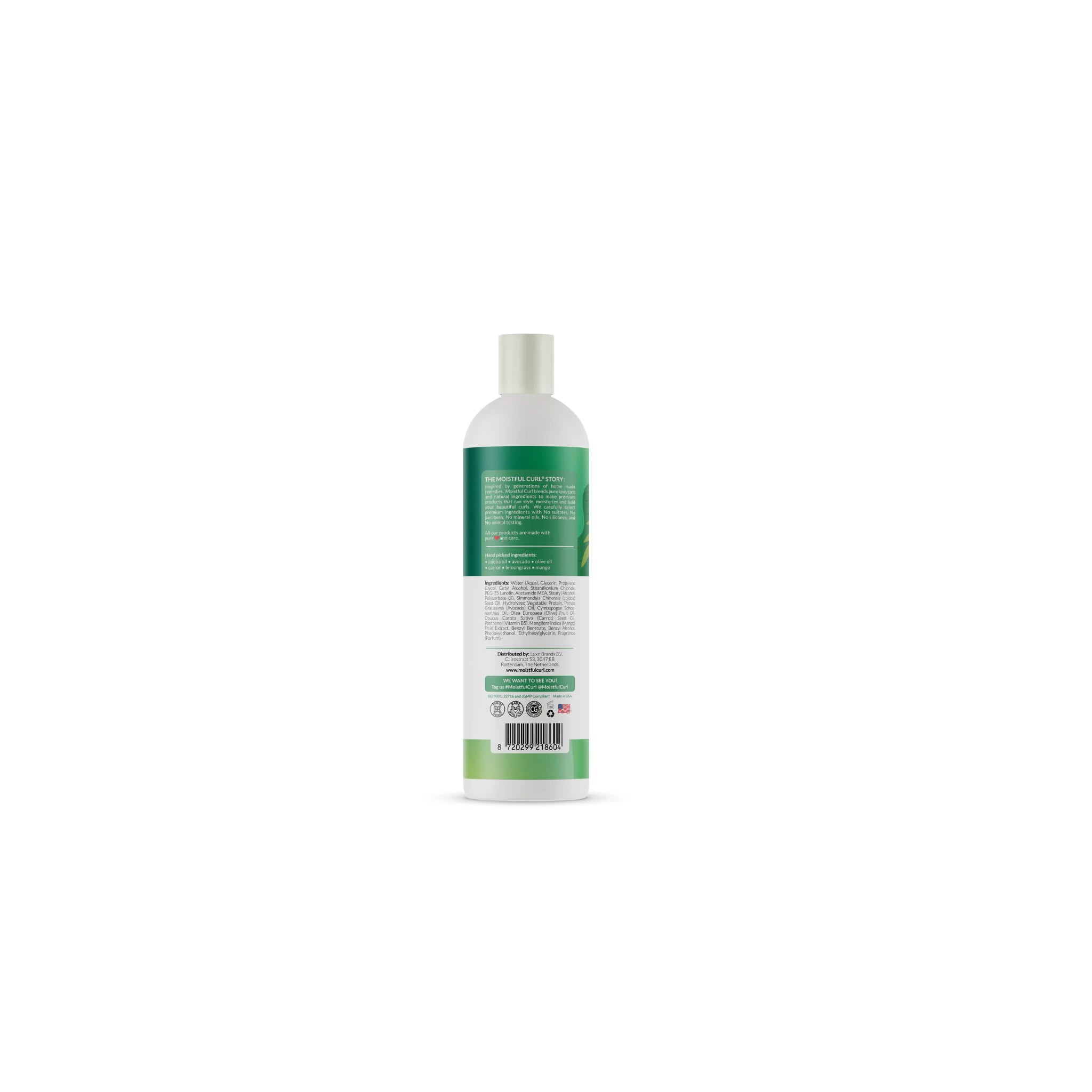 Hvid plastikflaske med hvid pumpe. Bagside af Moistful Curls No-Knots Leave-In Conditioner.