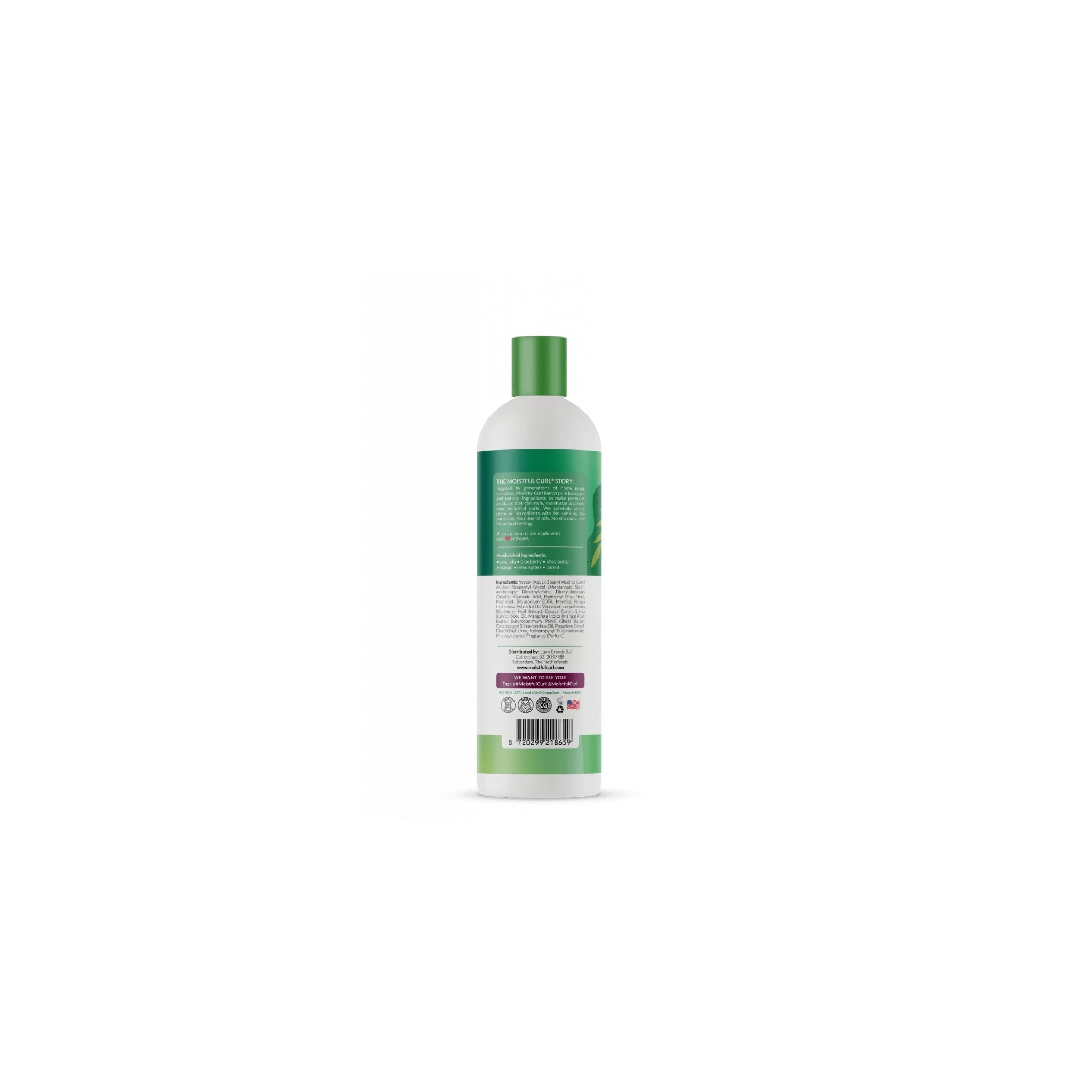 Moistful Curl Sulfate Free Curl Enhancing Conditioner (473 ml): Bagsiden med ingredienser, brugsanvisning og brandhistorie.