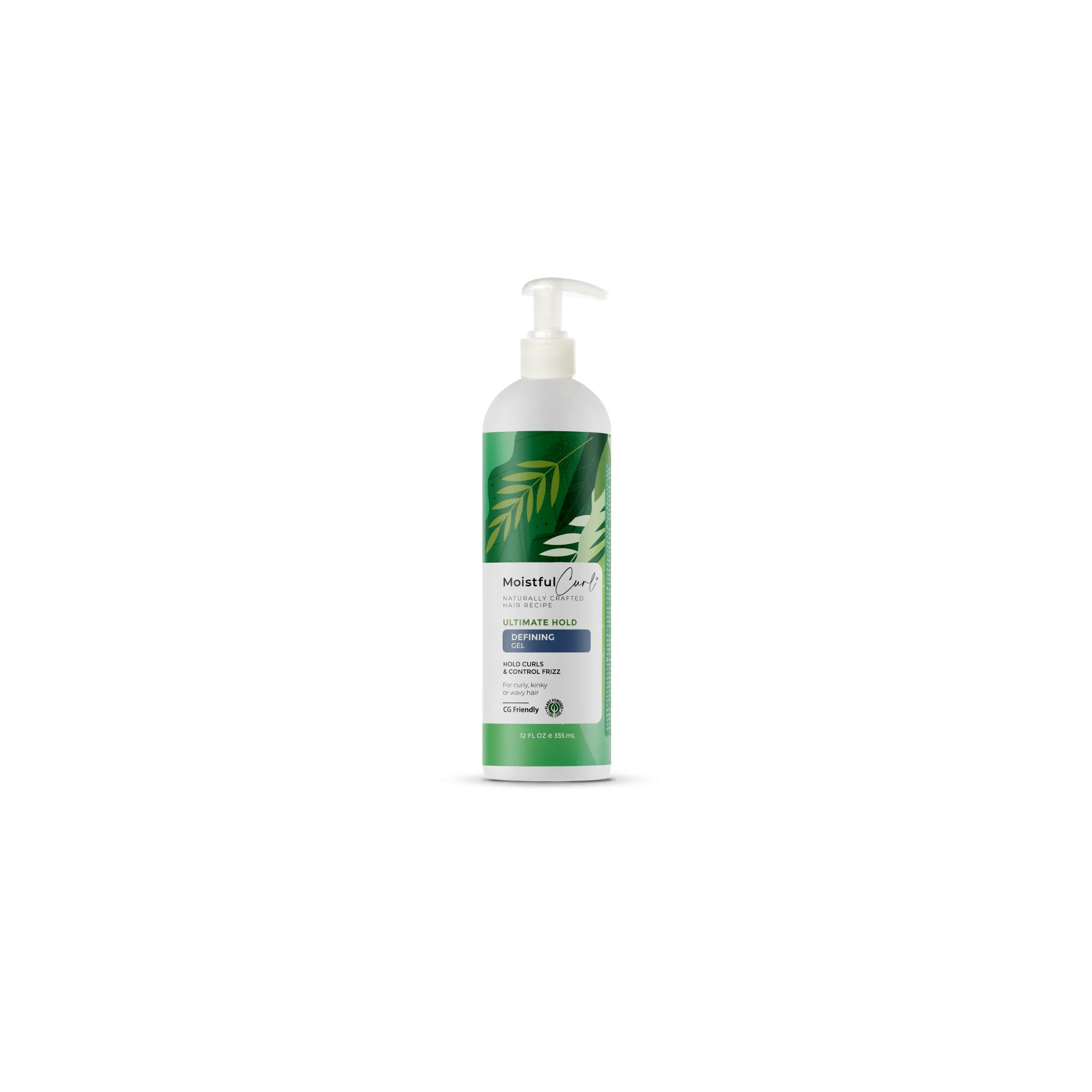 Hvid flaske med hvid pumpe og grøn etiket med hvide blade, der indeholder Moistful Curl Ultimate Hold Defining Gel (355 ml).