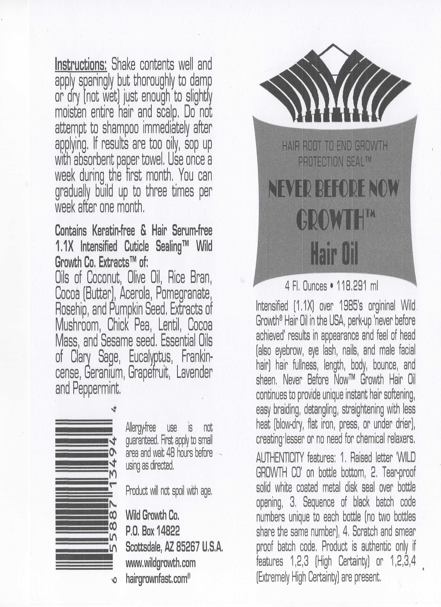 Never Before Now Growth Hair Oil 188ml etikettekst med ingredienser, brugsanvisning og logo, detaljeret produktinformation på hvid baggrund.