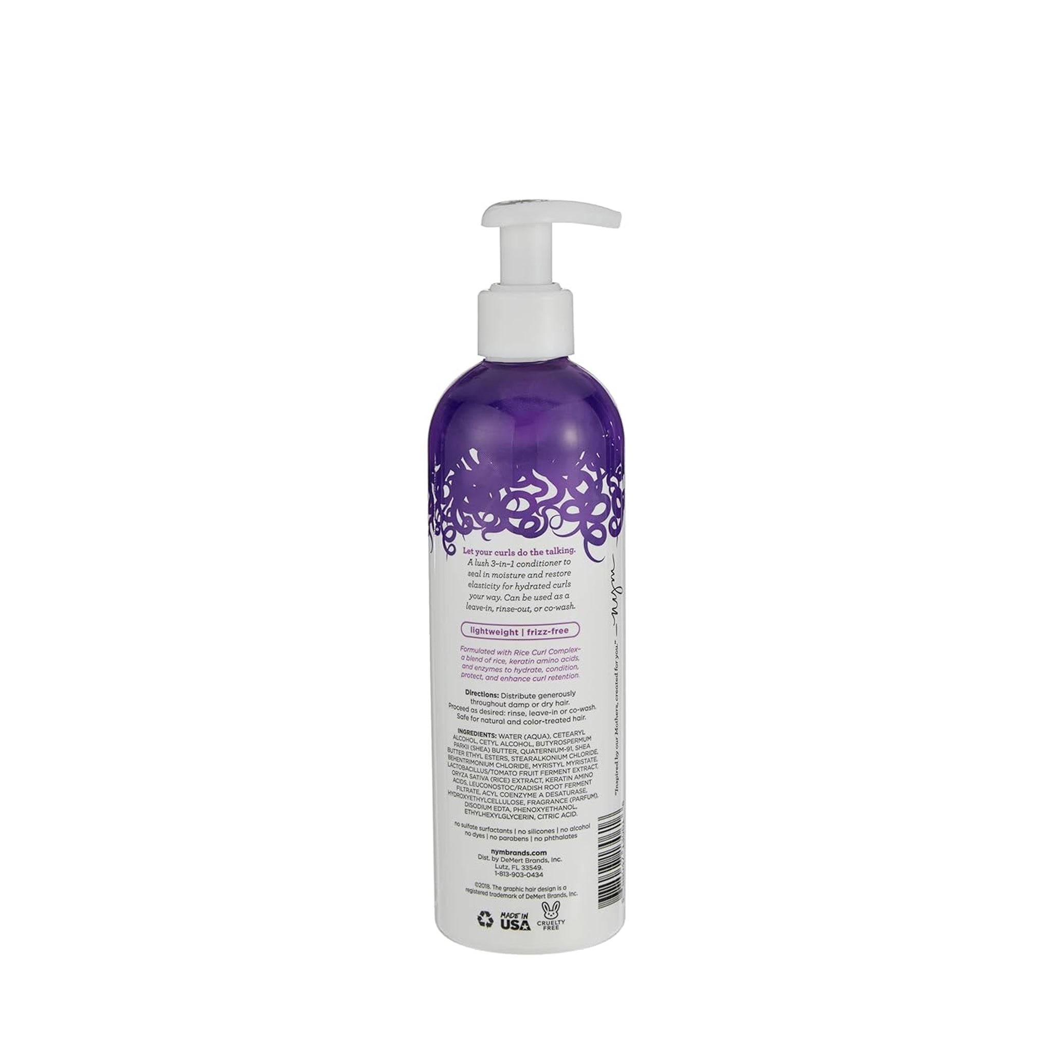 Bagsiden af en hvid flaske med lilla detaljer, der viser ingredienser, brugsanvisning og produktbeskrivelse for Not Your Mother's Curl Talk 3-in-1 Conditioner.