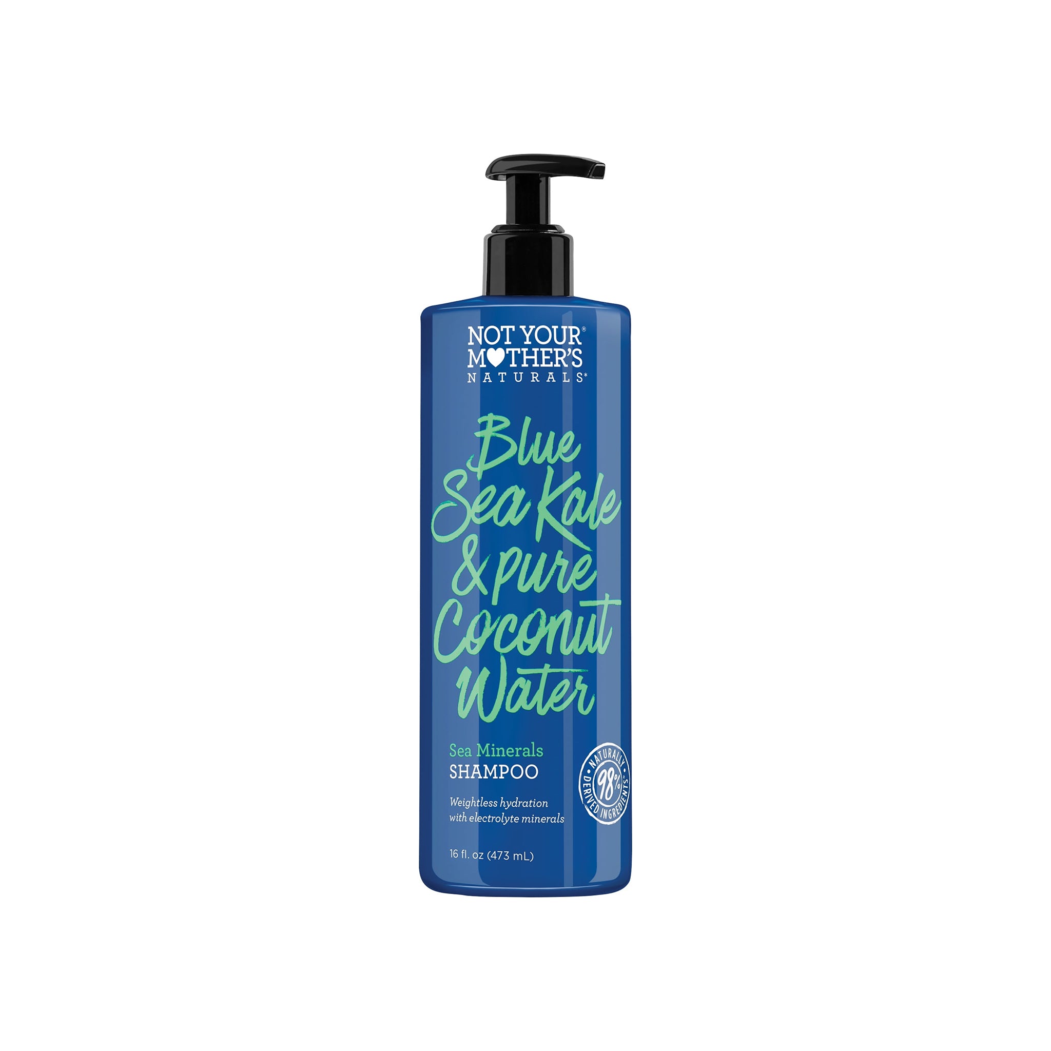 En blå flaske med sort pumpe indeholdende Not Your Mother's Naturals Blue Sea Kale & Pure Coconut Water Sea Minerals Shampoo.
