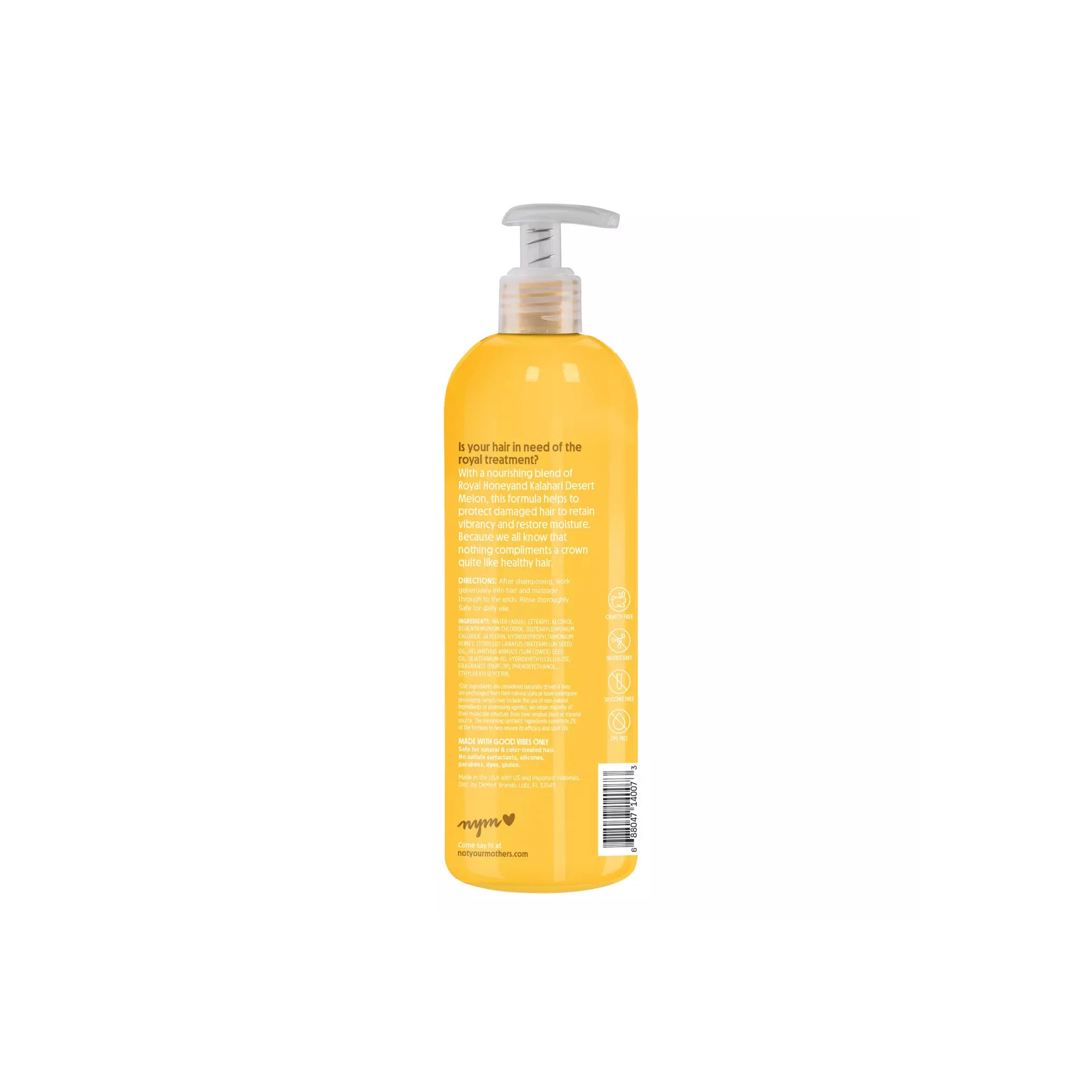 Bagsiden af en orange/gul flaske Not Your Mother's Naturals Royal Honey & Kalahari Desert Melon Conditioner, der viser produktbeskrivelse, brugsanvisning og ingrediensliste.