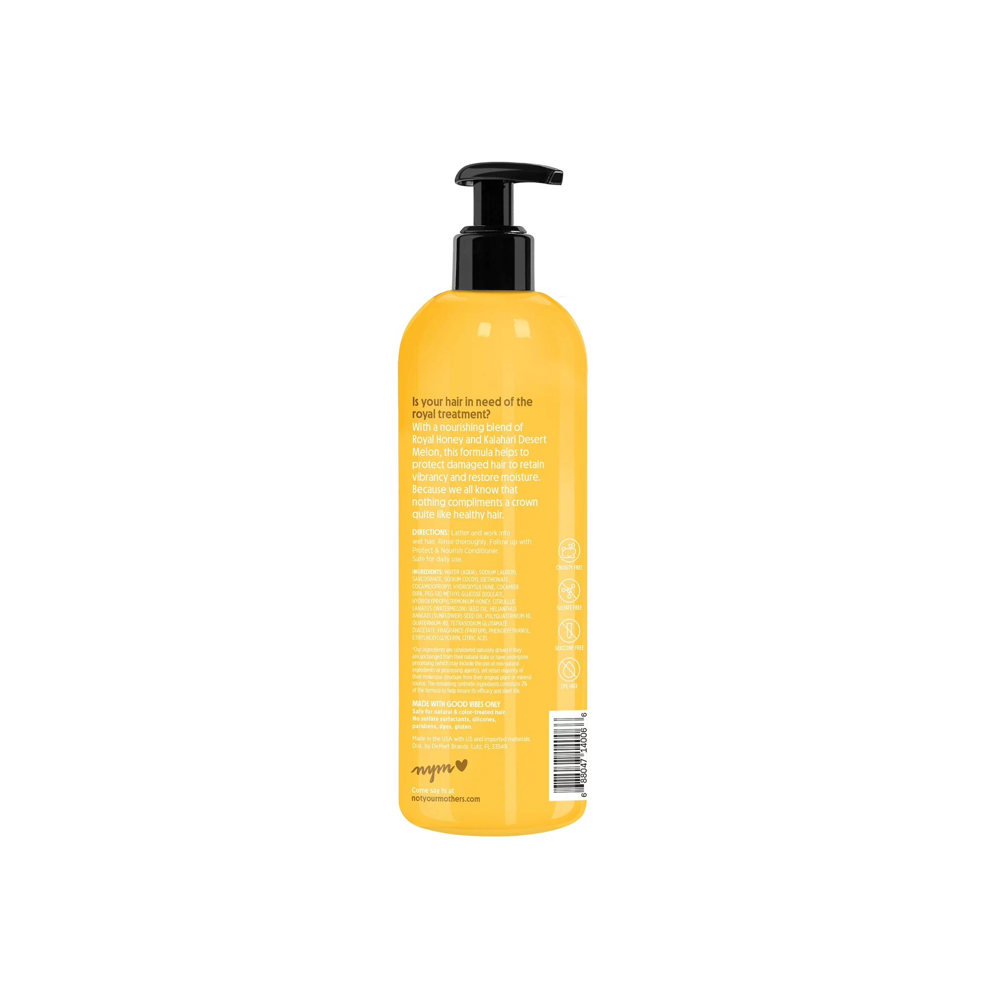 Bagside af Not Your Mother's Naturals Royal Honey & Kalahari Desert Melon shampoo med beskrivelse og ingredienser.