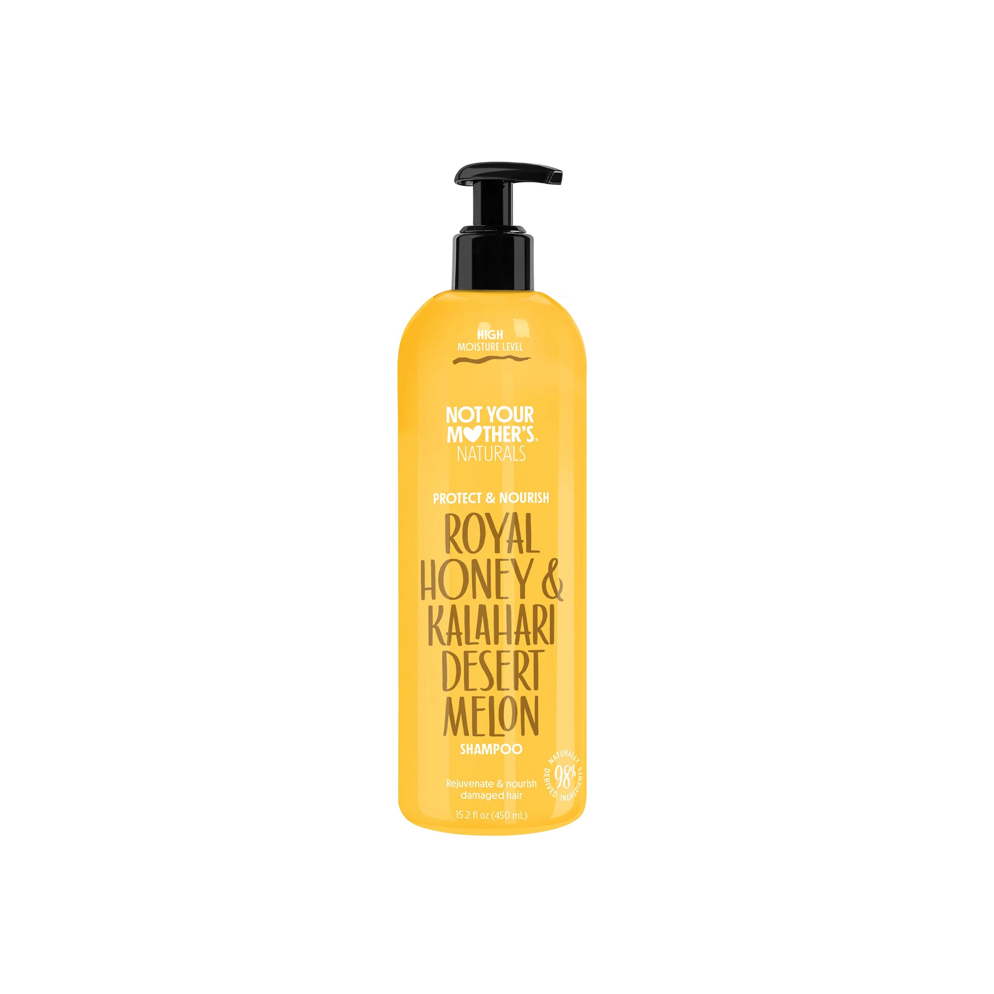 En gul/orange flaske med sort pumpe indeholdende Not Your Mother's Naturals Royal Honey & Kalahari Desert Melon Shampoo.