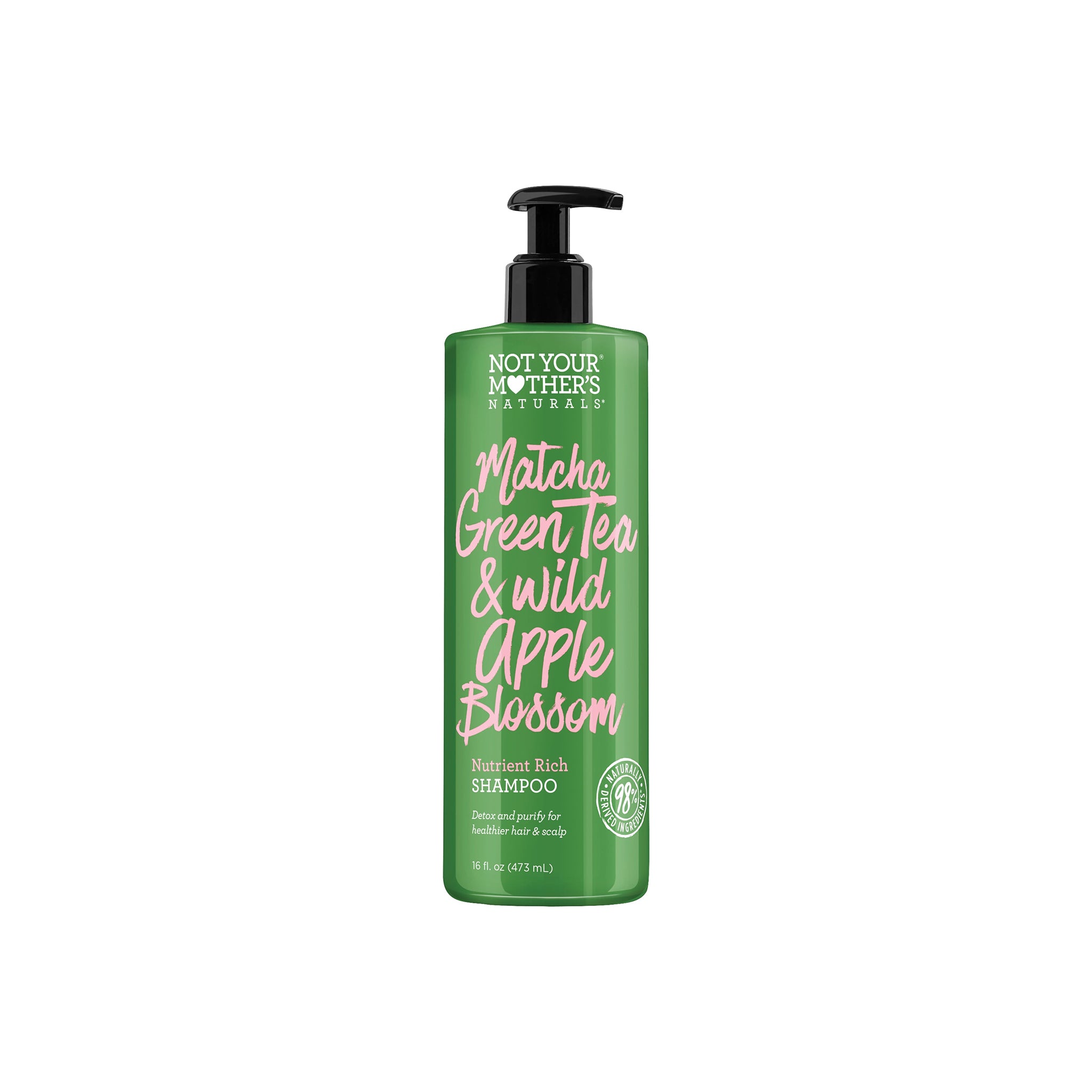 Not Your Mother's Matcha Green Tea & Wild Apple Blossom Conditioner 473 ml i grøn flaske med sort pumpe og lyserød skrift.