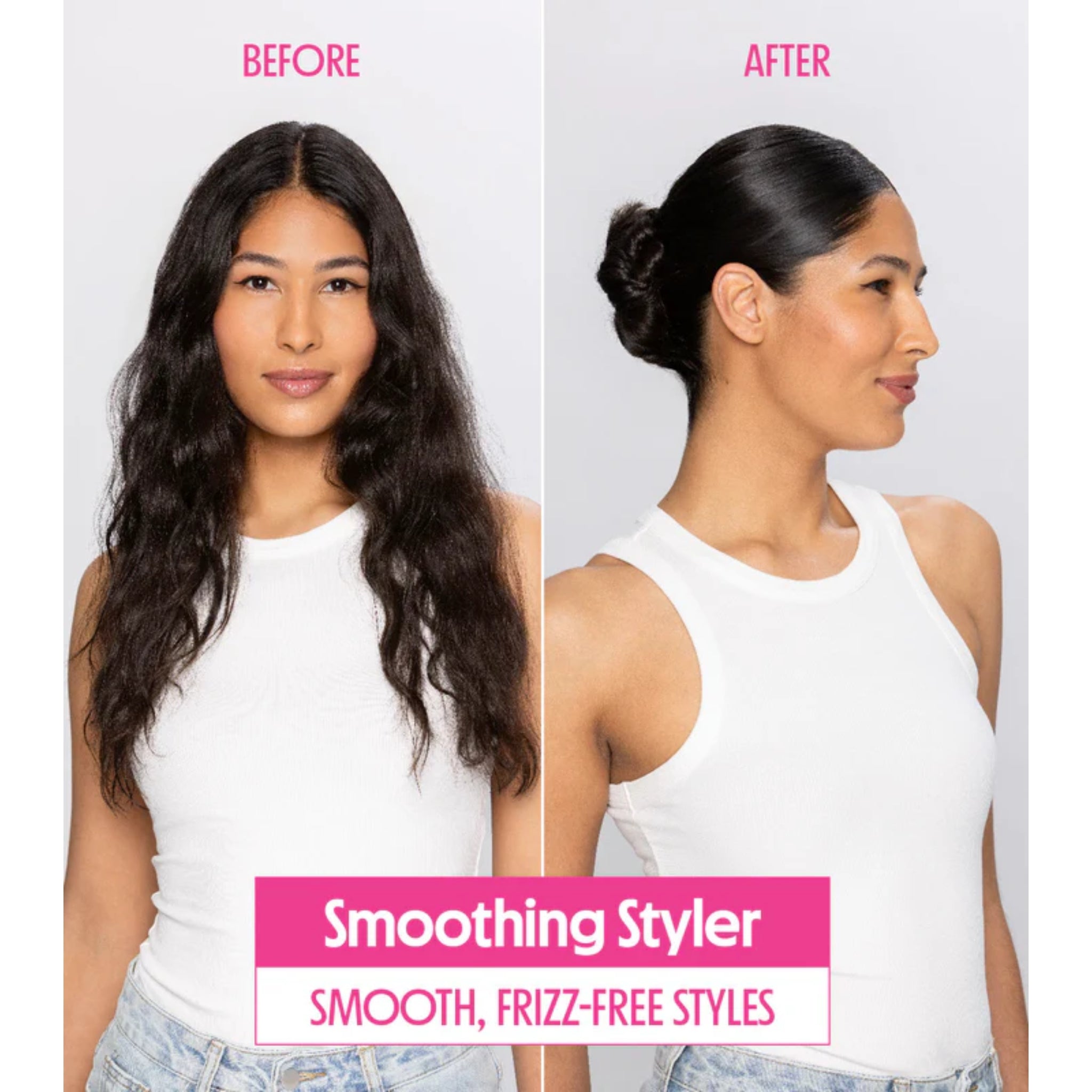 Smoothing Styler før-og-efter: kvinde med krøllet, frizzet hår forvandlet til glat, frizz-fri opsat knold.