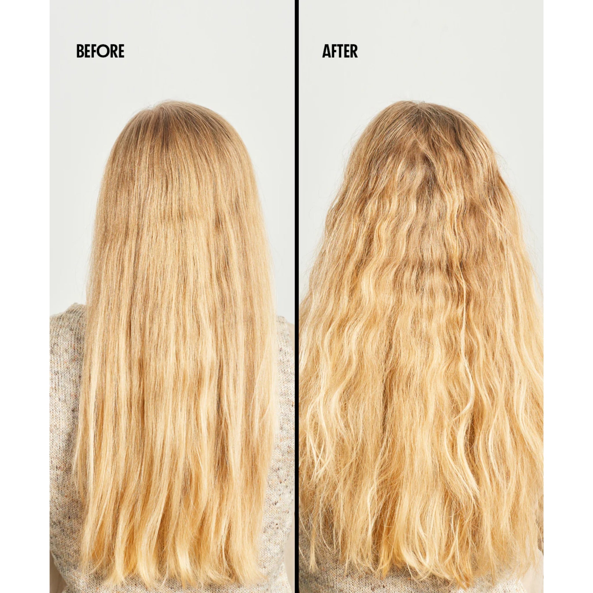 Før og efter sammenligning af langt blondt hår, der går fra glat til naturlige bølger med beach waves effekt.