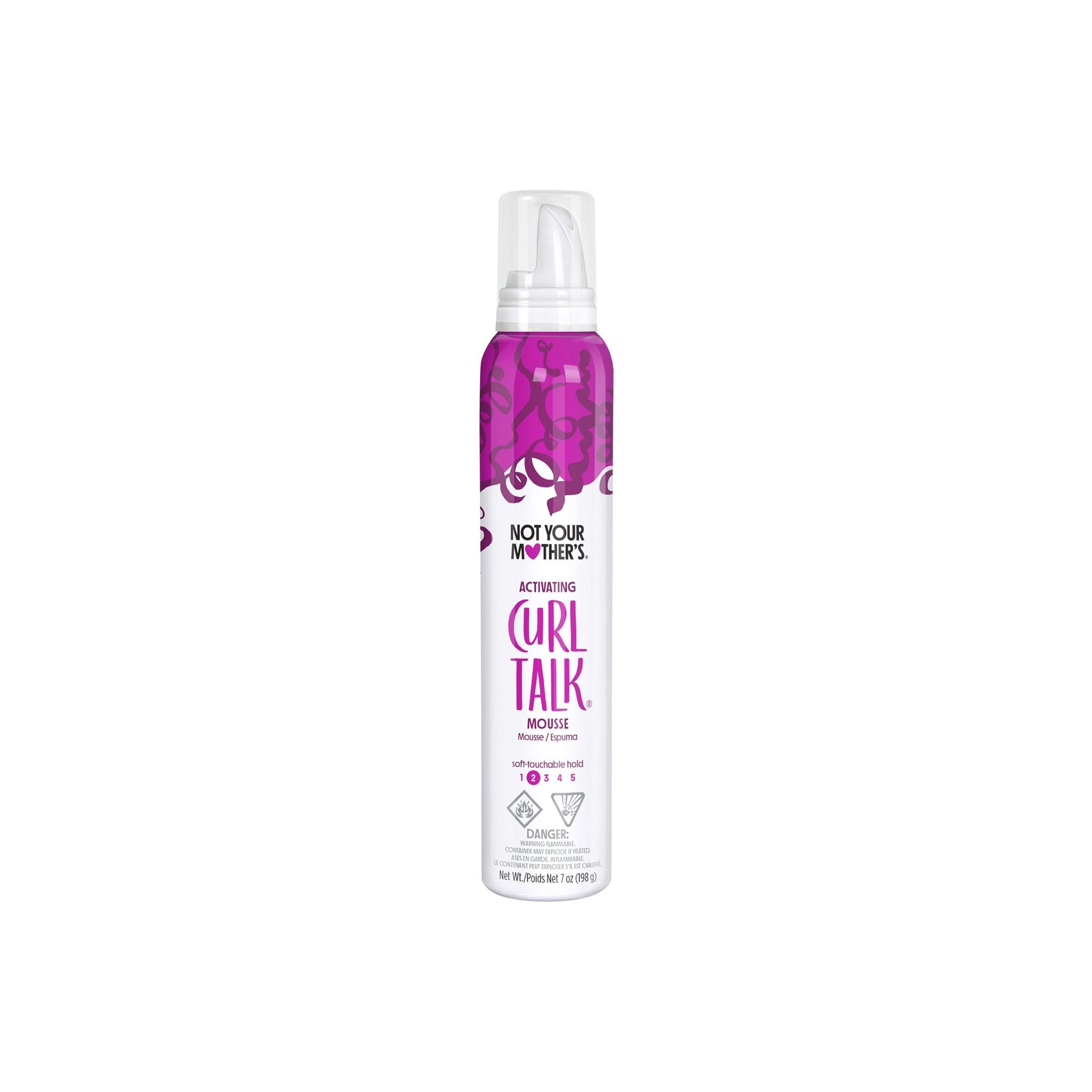 Not Your Mother's Curl Talk Mousse 198 g i høj hvid sprayflaske med lilla design og gennemsigtigt låg.