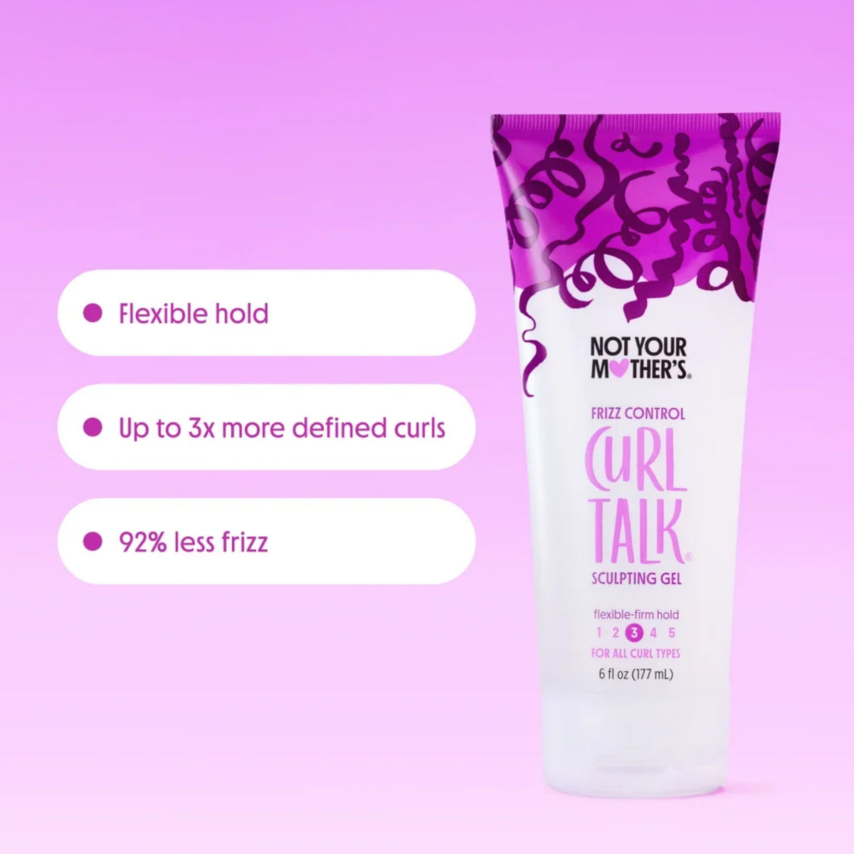 Not Your Mother's Curl Talk Sculpting Gel tube mod lilla baggrund med fleksibelt hold og 92% mindre frizz.