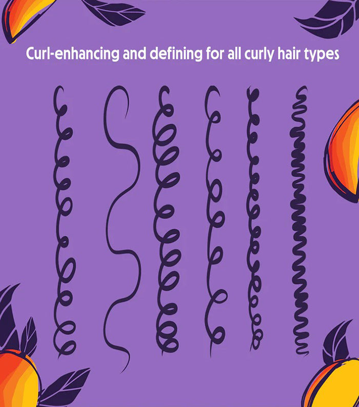 Illustration af forskellige krølletyper på lilla baggrund med ferskner, fremhæver Not Your Mother's Kids Curly Care Cream 237ml.