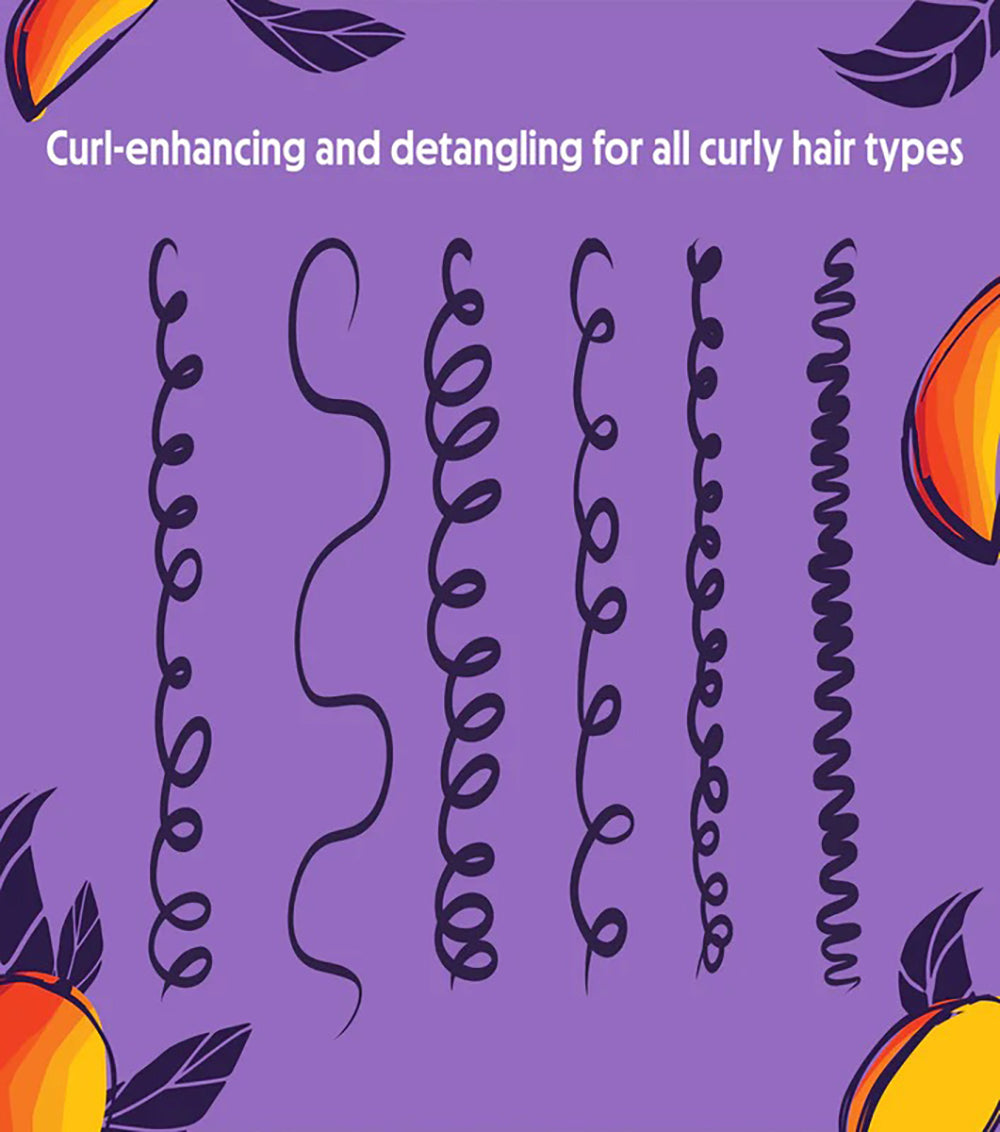 Syv typer krøllet hår på lilla baggrund med ferskener illustrerer effekten af Not Your Mother's Kids Curly Care Detangler 236ml.