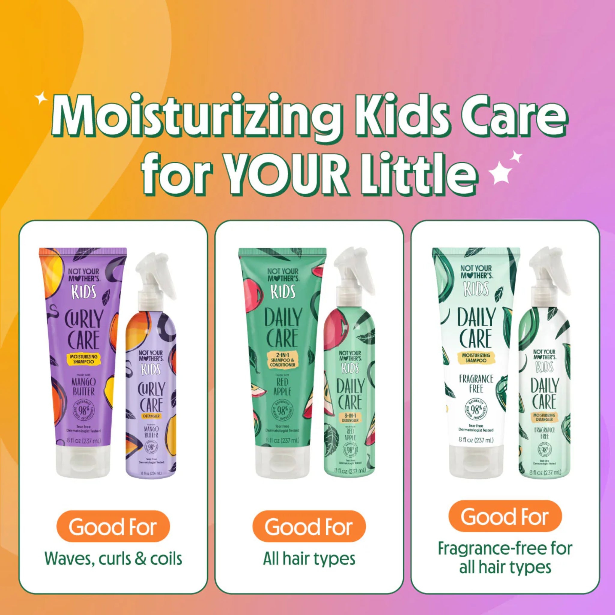 Moisturizing Kids Care produkter til børn: Curly Care, Daily Care shampoo og detangler til alle hårtyper.