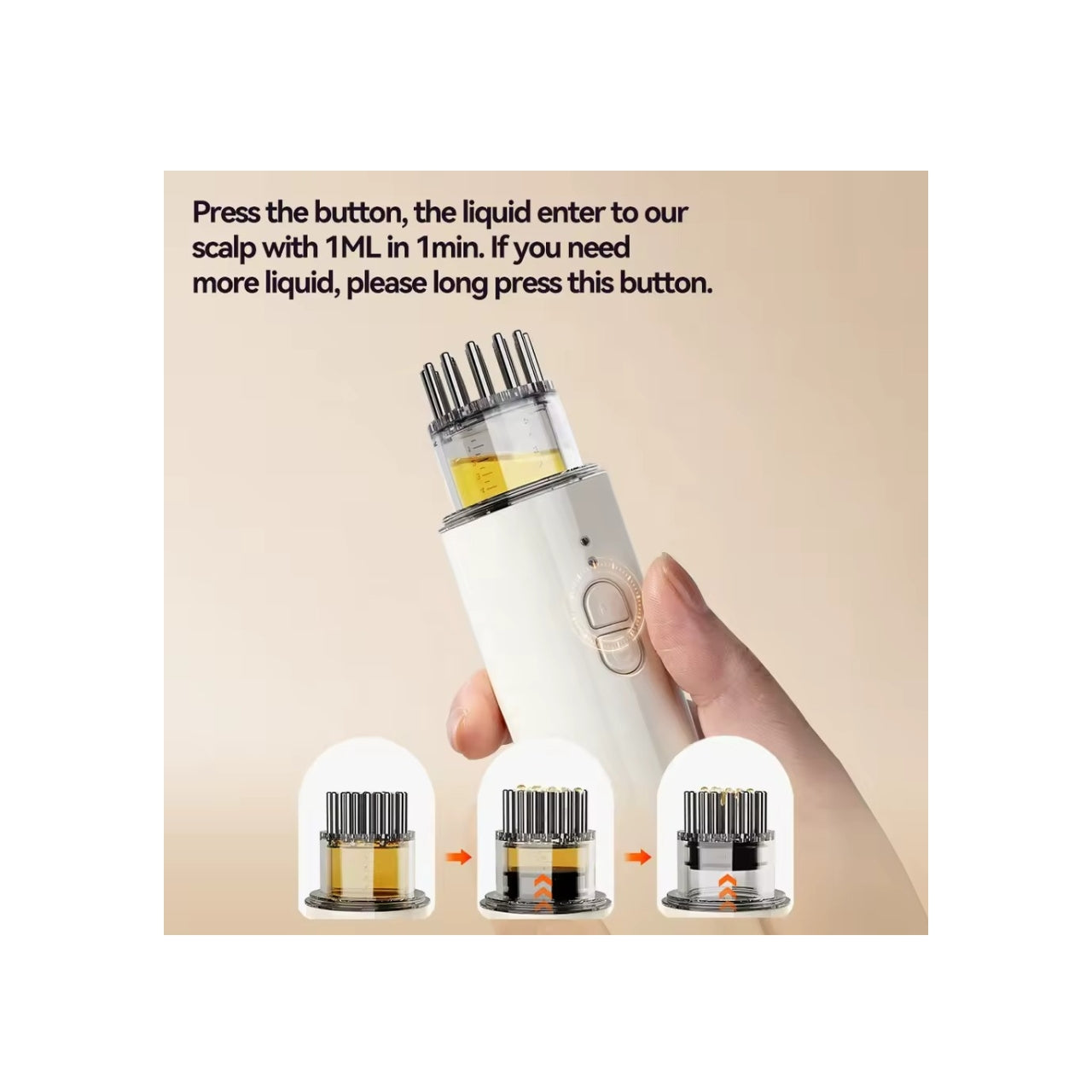 Hånd der holder en hvid serum-infusionspen, hvor olie pumpes ud via metalspidserne; nederst vises trin-for-trin illustration af, hvordan væsken bevæger sig op i dispenserhovedet.