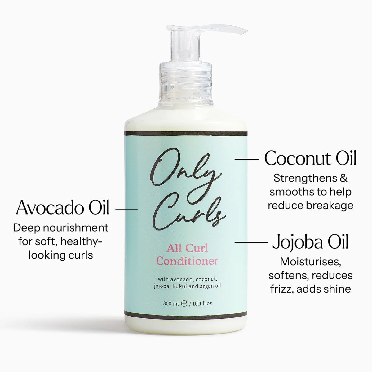 Only Curls All Curl Conditioner flaske 300 ml med pumpe, mintgrøn etiket og info om avocado-, kokos- og jojobaolie.