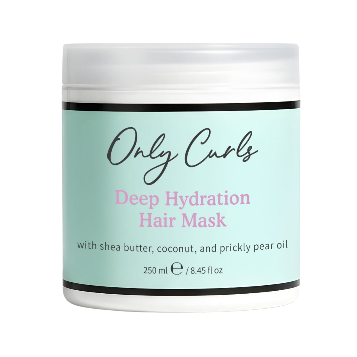Only Curls Deep Hydration Hair Mask, 250 ml dåse med hvidt låg og mintgrøn etiket, indeholder sheasmør, kokos og figenkaktusolie.