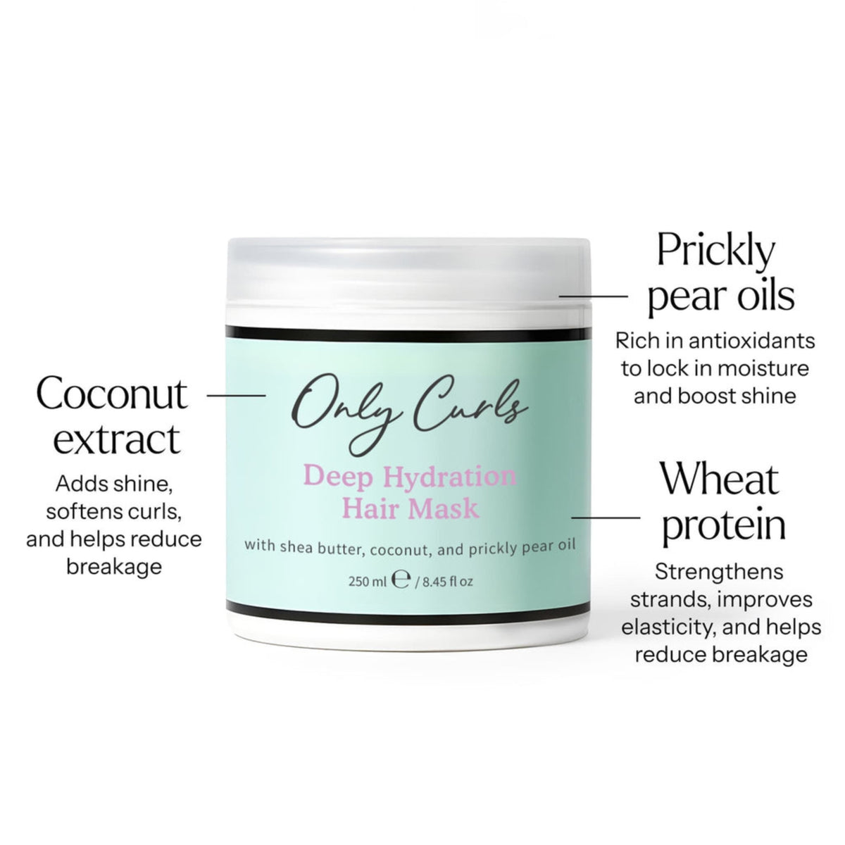 Only Curls Deep Hydration Hair Mask, 250 ml, med kokosekstrakt, figenkaktusolie og hvedeprotein mod brud.