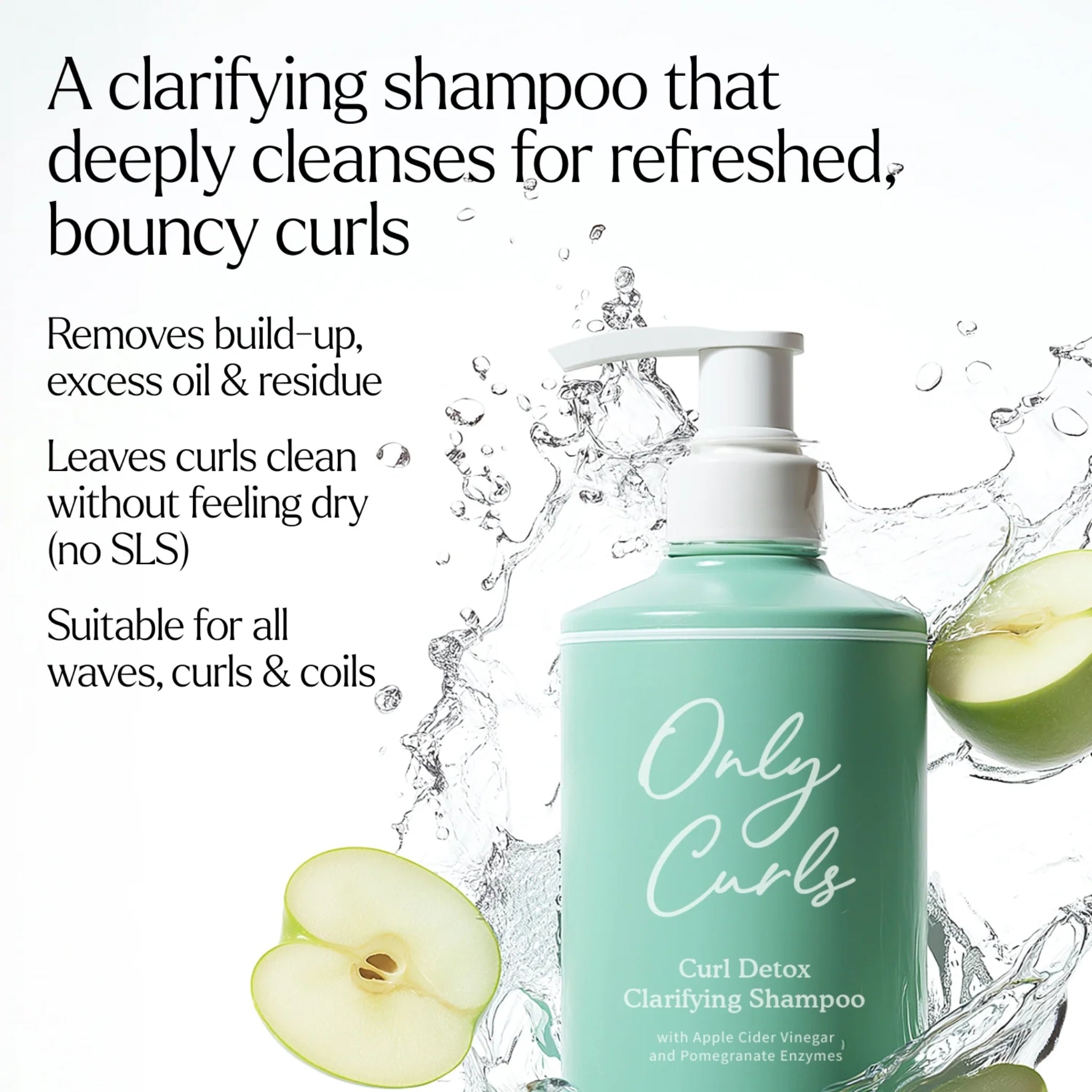 Only Curls Curl Detox Clarifying Shampoo i grøn flaske med æbleskiver og vandsprøjt, klarifierende shampoo mod build-up.