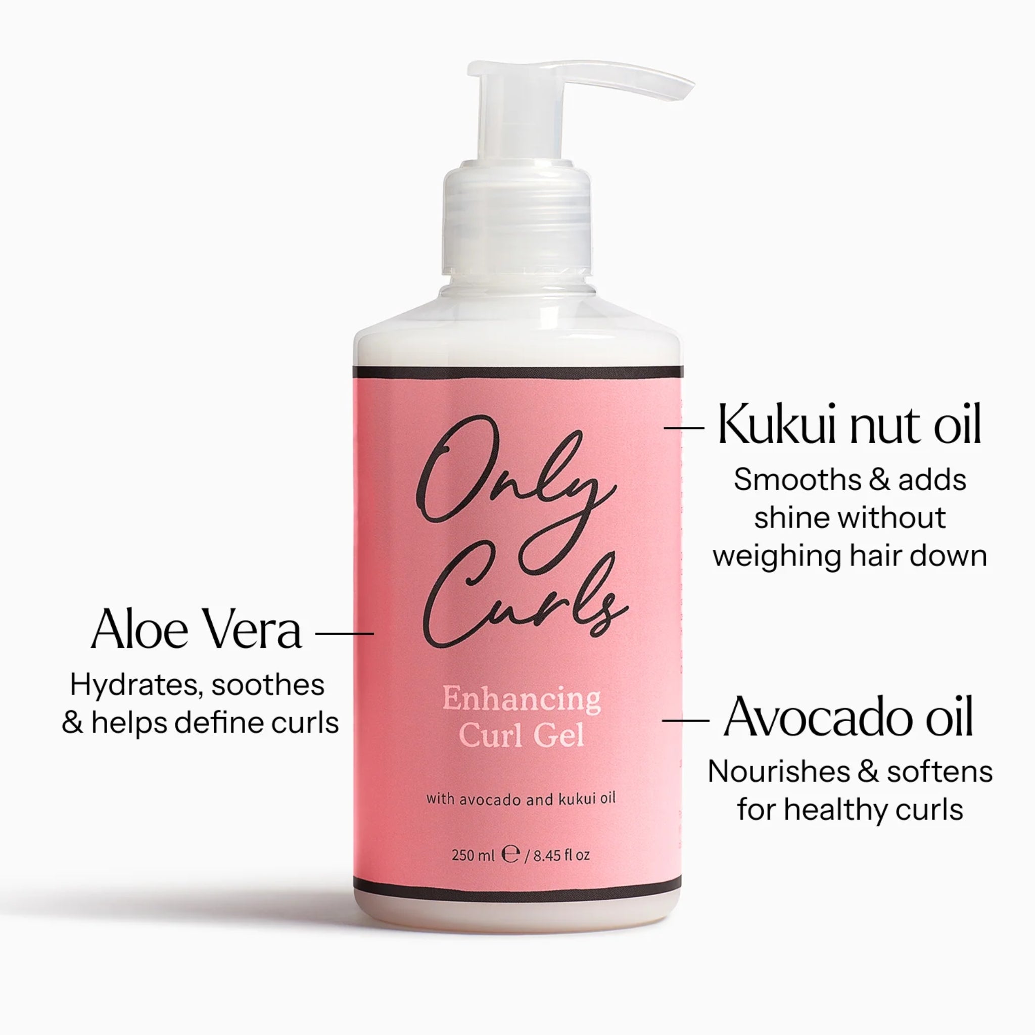 Only Curls Enhancing Curl Gel pumpeflaske med aloe vera, kukui nødolie og avocadoolie til definerede krøller.