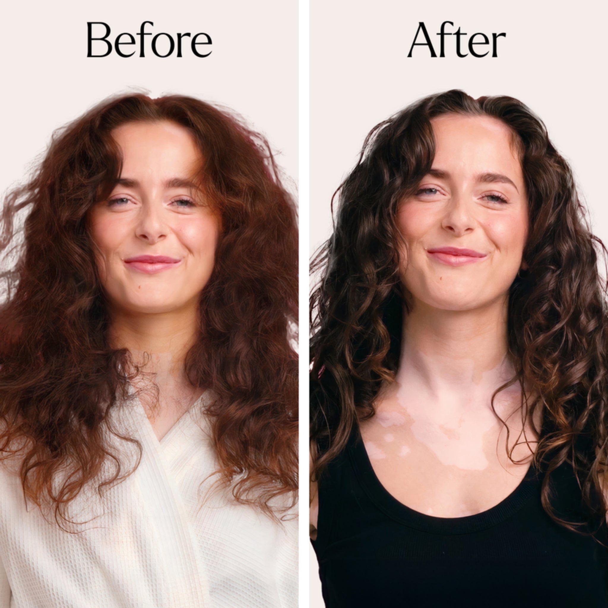 Før og efter krøllet hår: frizzy, tørt hår til definerede, glansfulde krøller uden frizz.