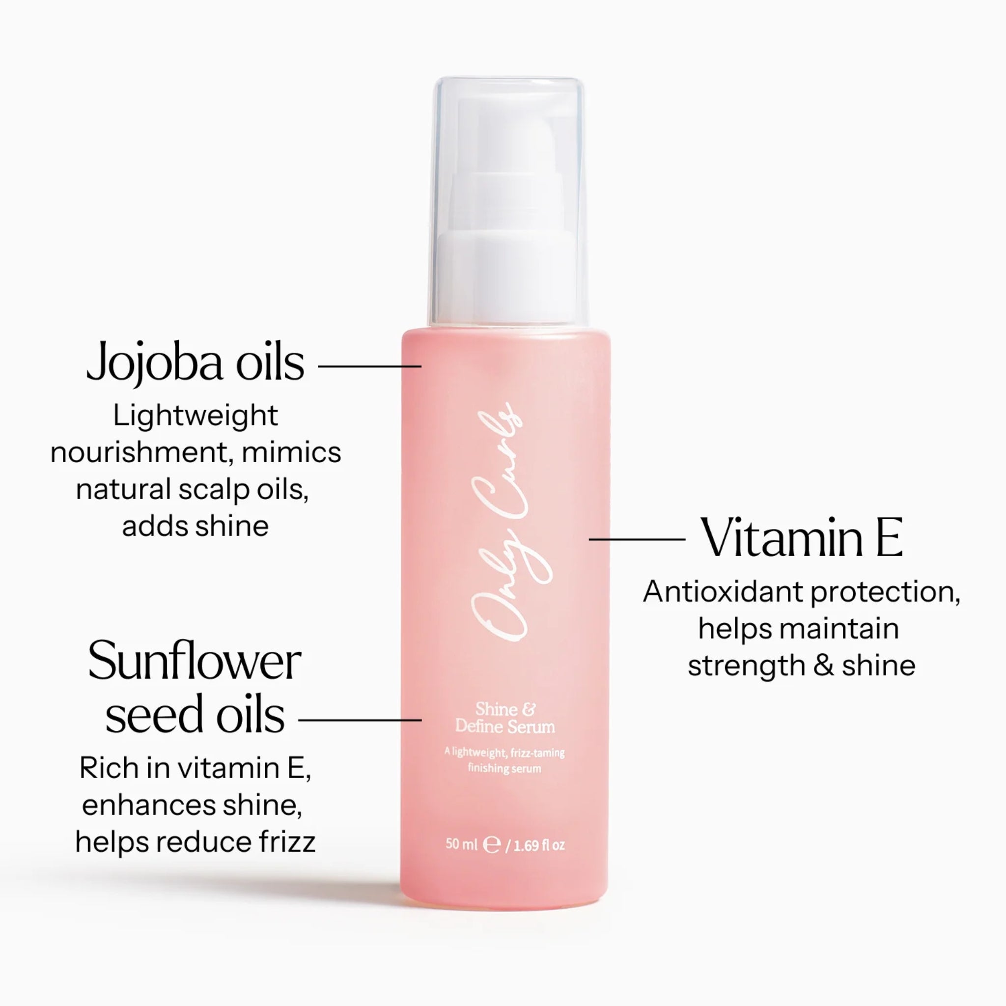 Only Curls Shine & Define Serum, pink flaske med jojobaolie, sunflower seed oil og vitamin E mod frizz.