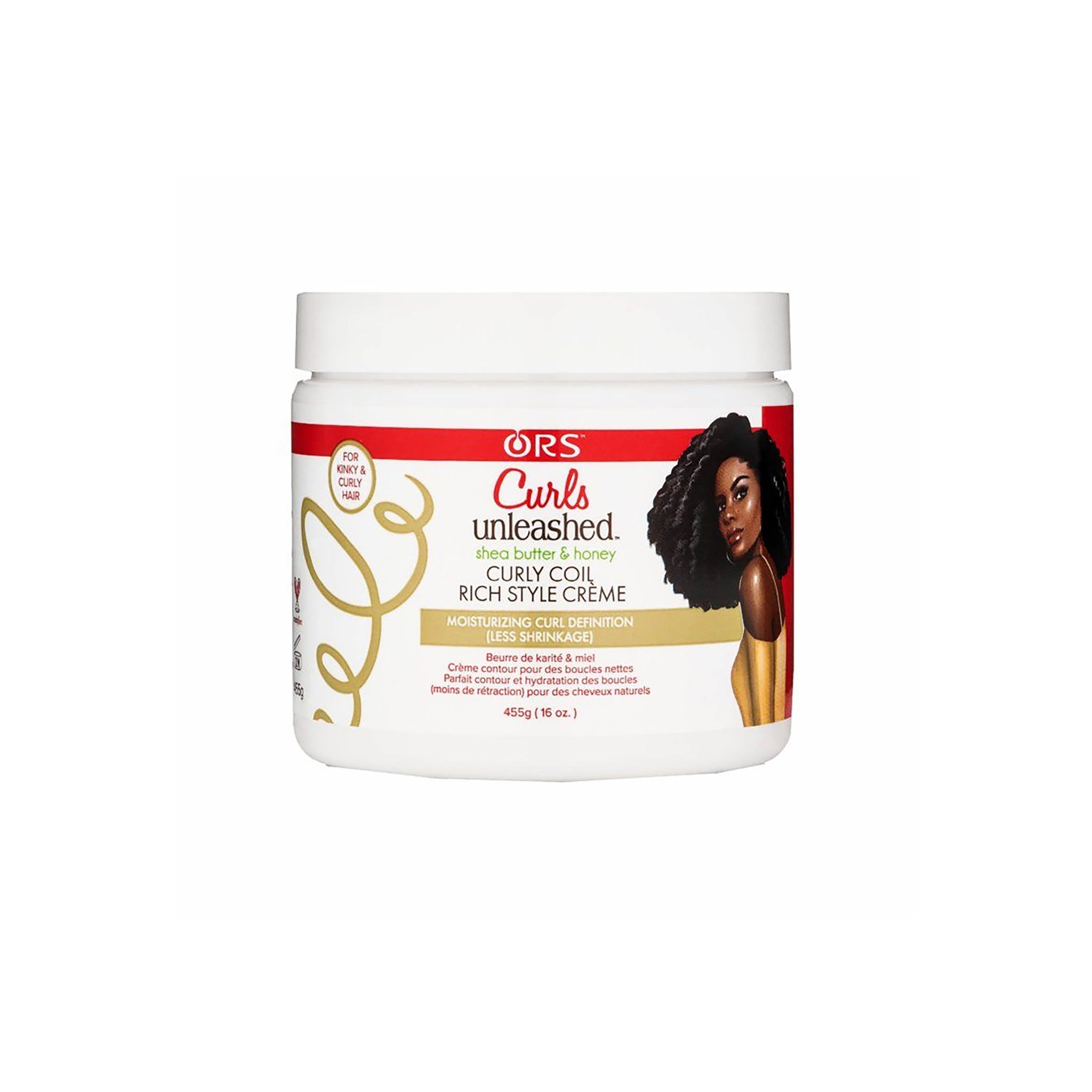 Beholder med ORS Curls Unleashed Shea Butter & Honey krøllecreme (455g) til fugtgivende pleje af krøllet hår.
