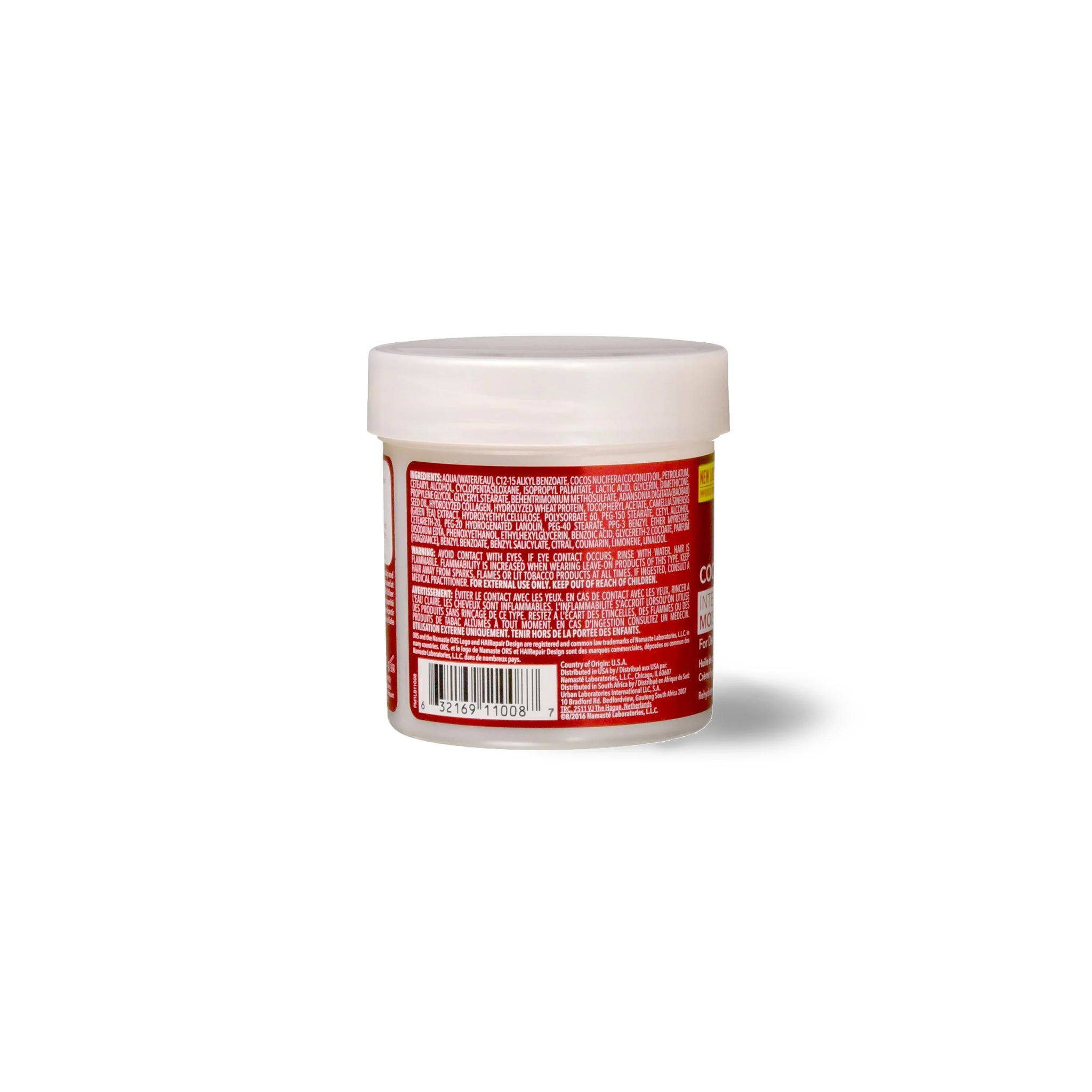 Bagsiden af ORS HAIRepair Coconut Oil & Baobab Anti-Breakage Conditioning Crème (142g) med information om ingredienser og brug.