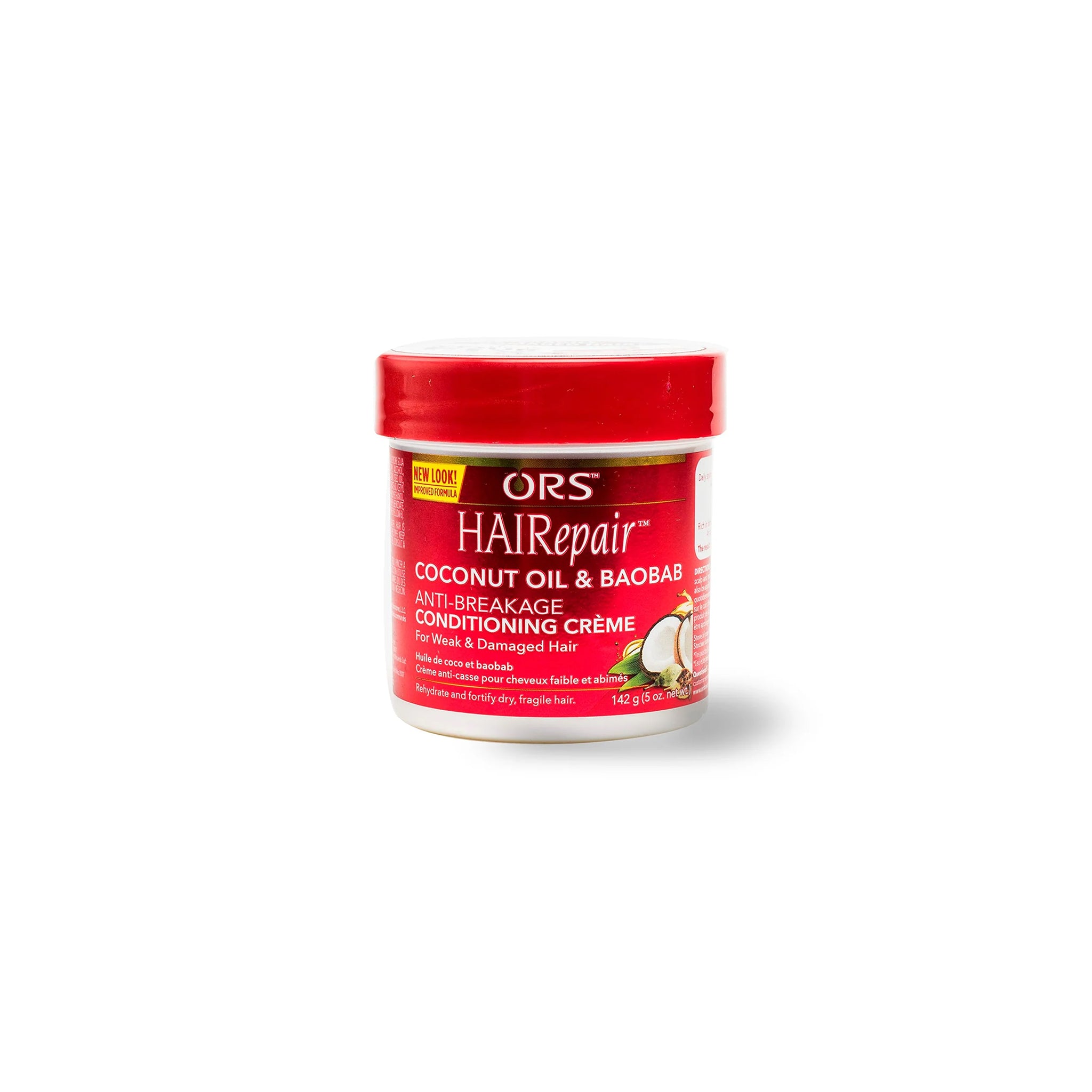 Beholder af plast med ORS HAIRepair Coconut Oil & Baobab Anti-Breakage Conditioning Crème (142g). Cremen er designet til at rehydrere og styrke tørt og skrøbeligt hår og indeholder kokosolie og baobab.
