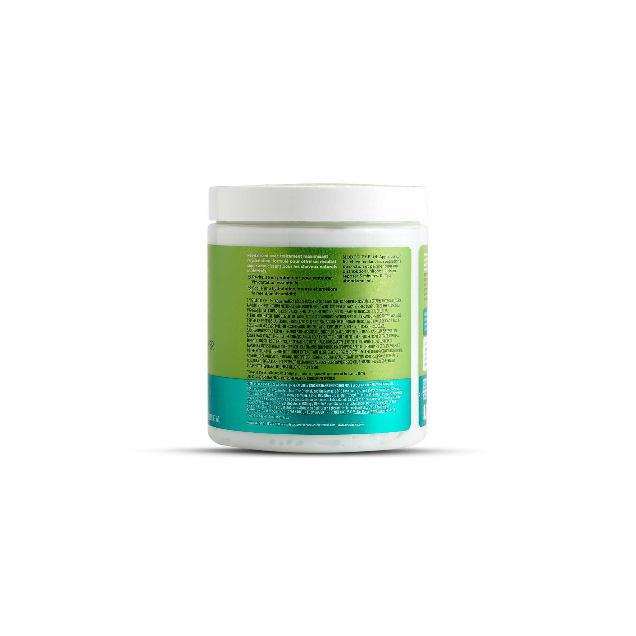 Bagsiden af ORS Olive Oil Max Moisture Super Nourishing Daily Curl Crème (227g) med ingrediensliste og brugsanvisning.