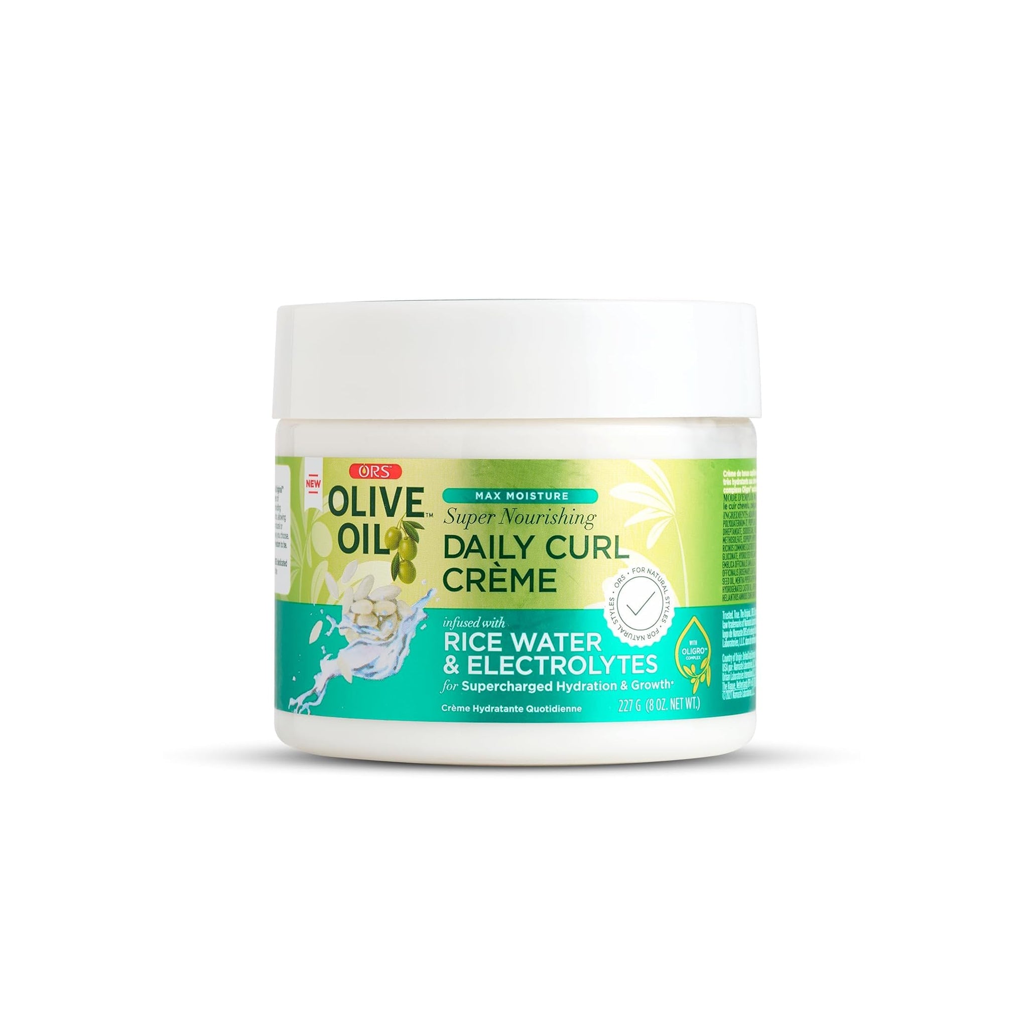 Hvid beholder i plast med ORS Olive Oil Max Moisture Super Nourishing Daily Curl Crème (227g) til pleje af krøller.