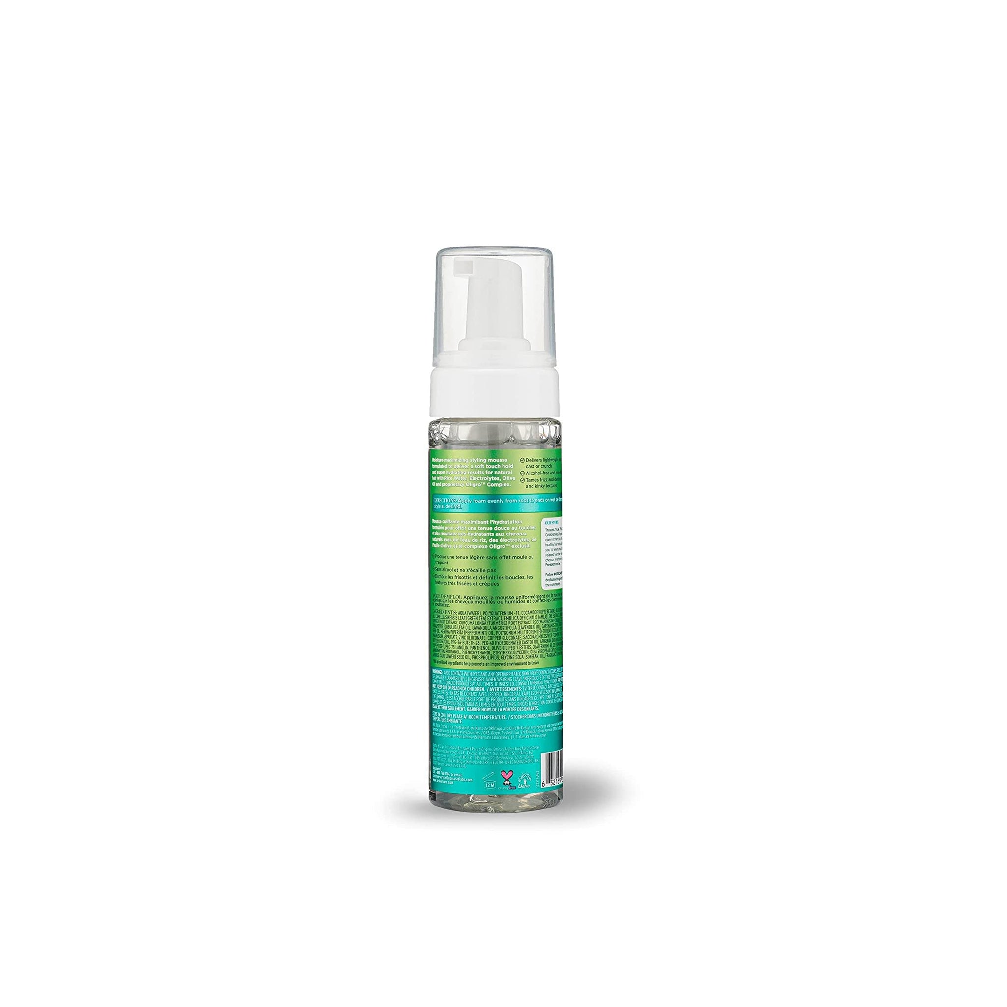 Bagsiden af ORS Olive Oil Max Moisture Super Soft Style Curl Defining Mousse (207 ml) med ingrediensliste og brugsanvisning.