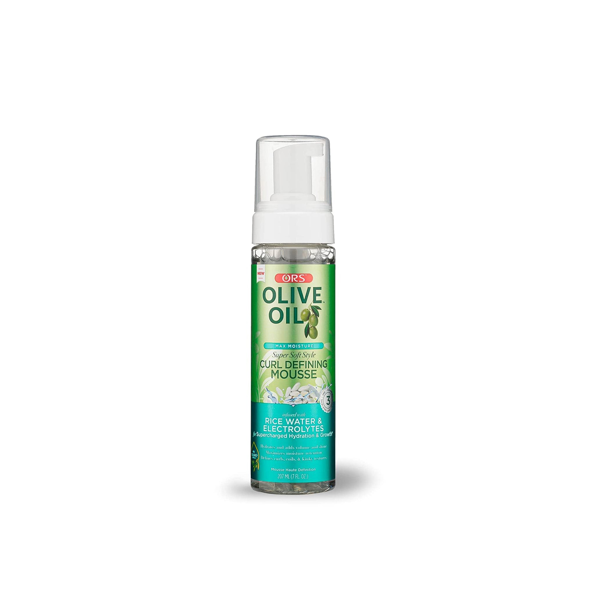 Flaske med ORS Olive Oil Max Moisture Super Soft Style Curl Defining Mousse (207 ml) til definerede krøller.