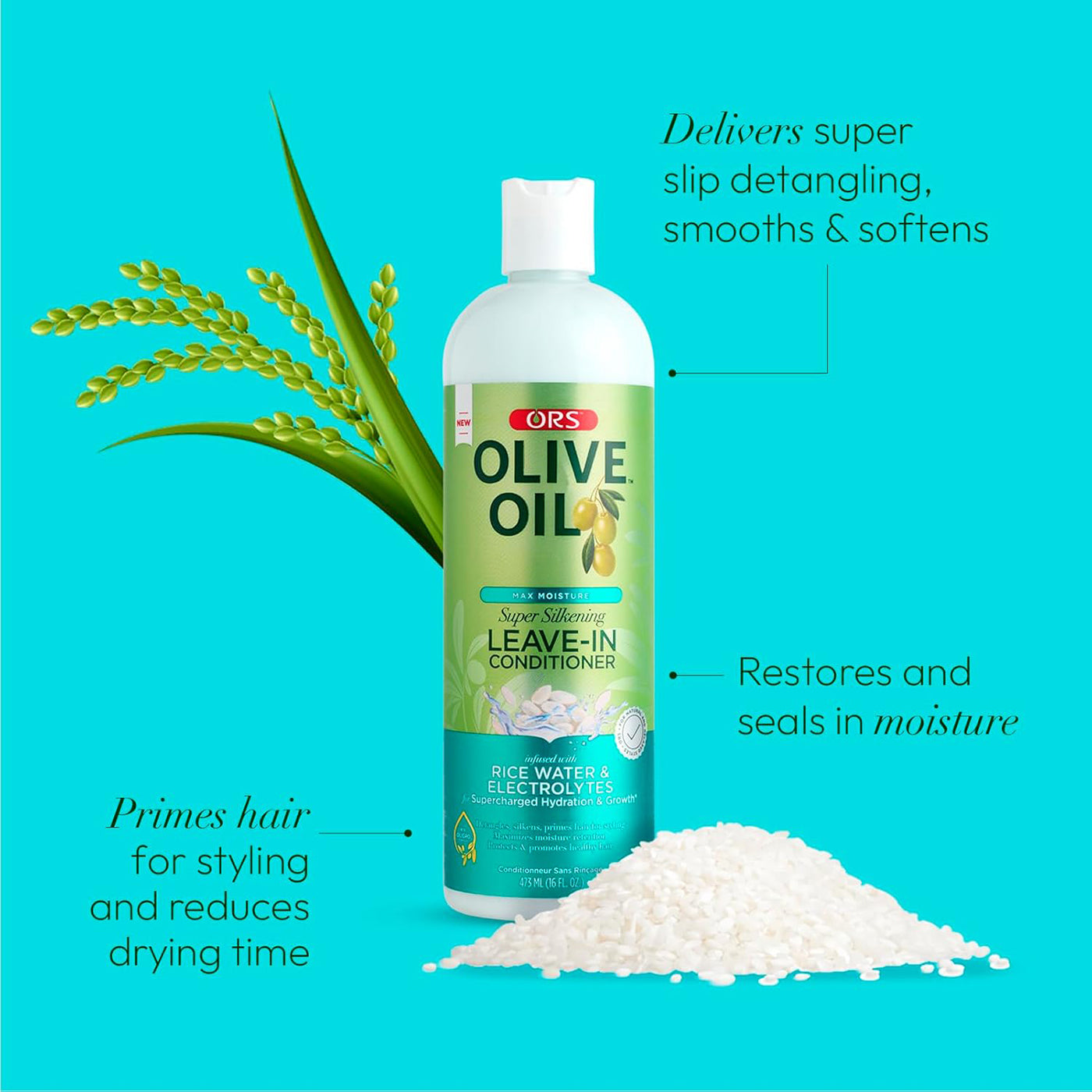 Produktbillede af ORS Olive Oil Leave-In Conditioner, der fremhæver blødgørende, udglattende og fugtgivende egenskaber.
