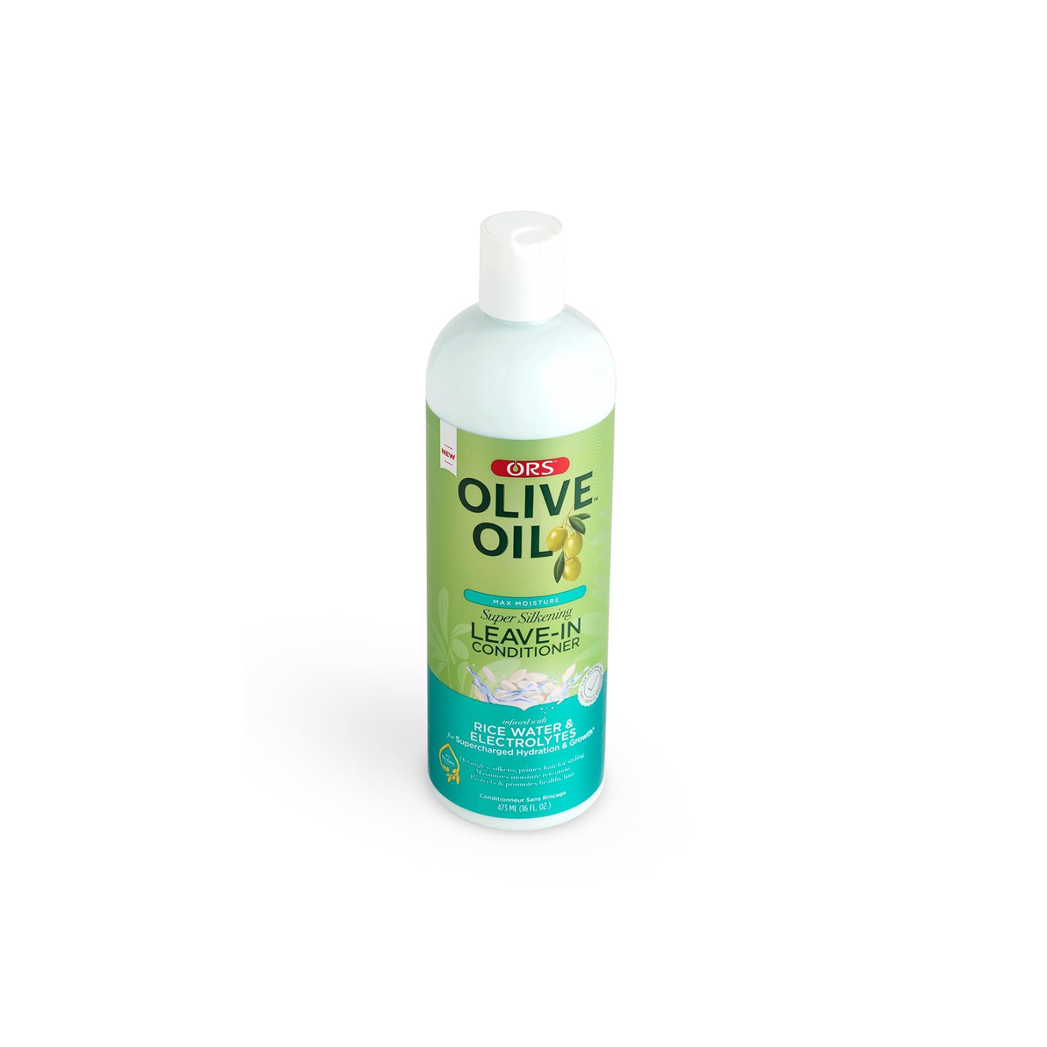 Flaske med ORS Olive Oil Max Moisture Super Silkening Leave-In Conditioner (473 ml) for silkeblødt og hydreret hår.