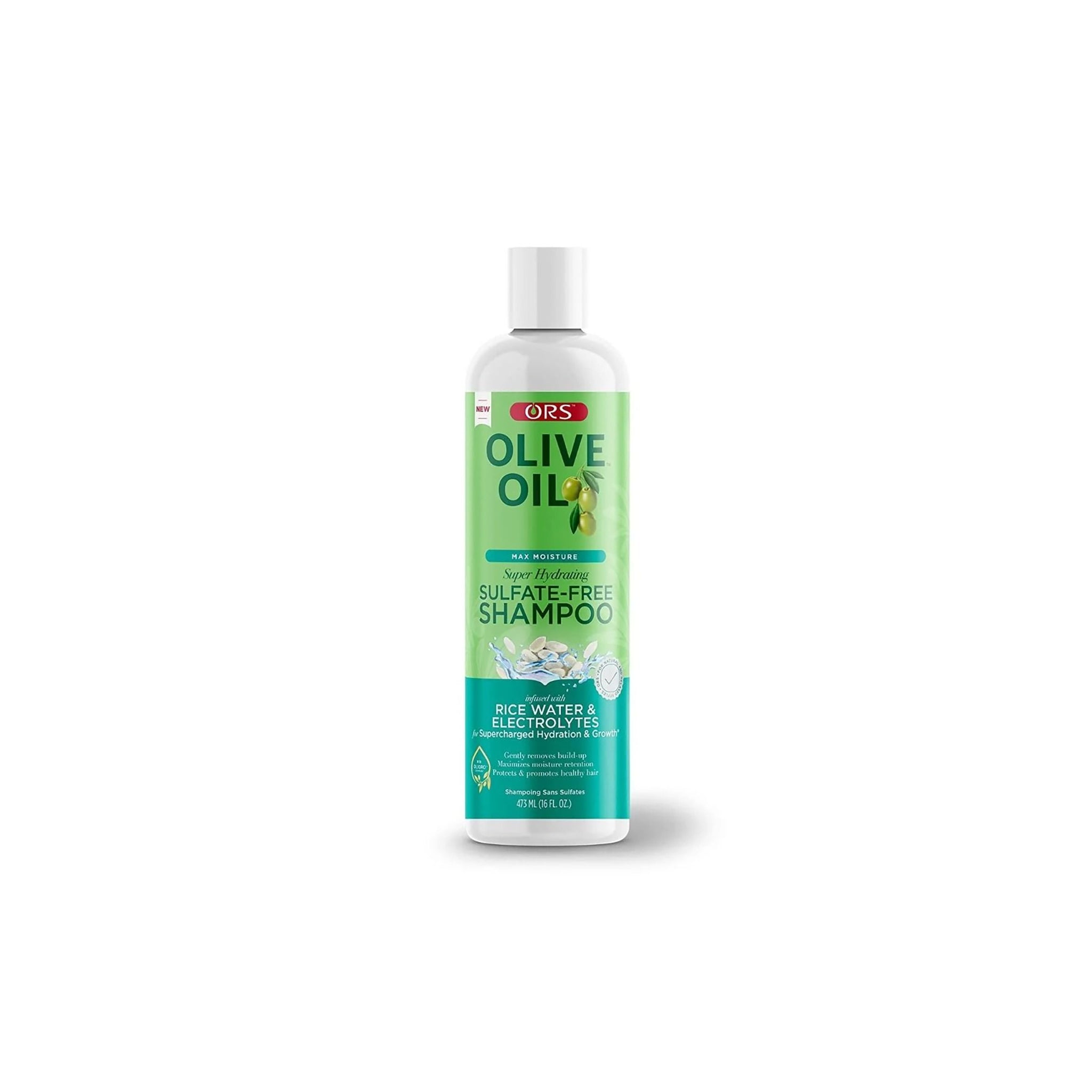 Flaske med ORS Olive Oil Max Moisture Super Hydrating Sulfatfri Shampoo (473 ml) til superhydrering.