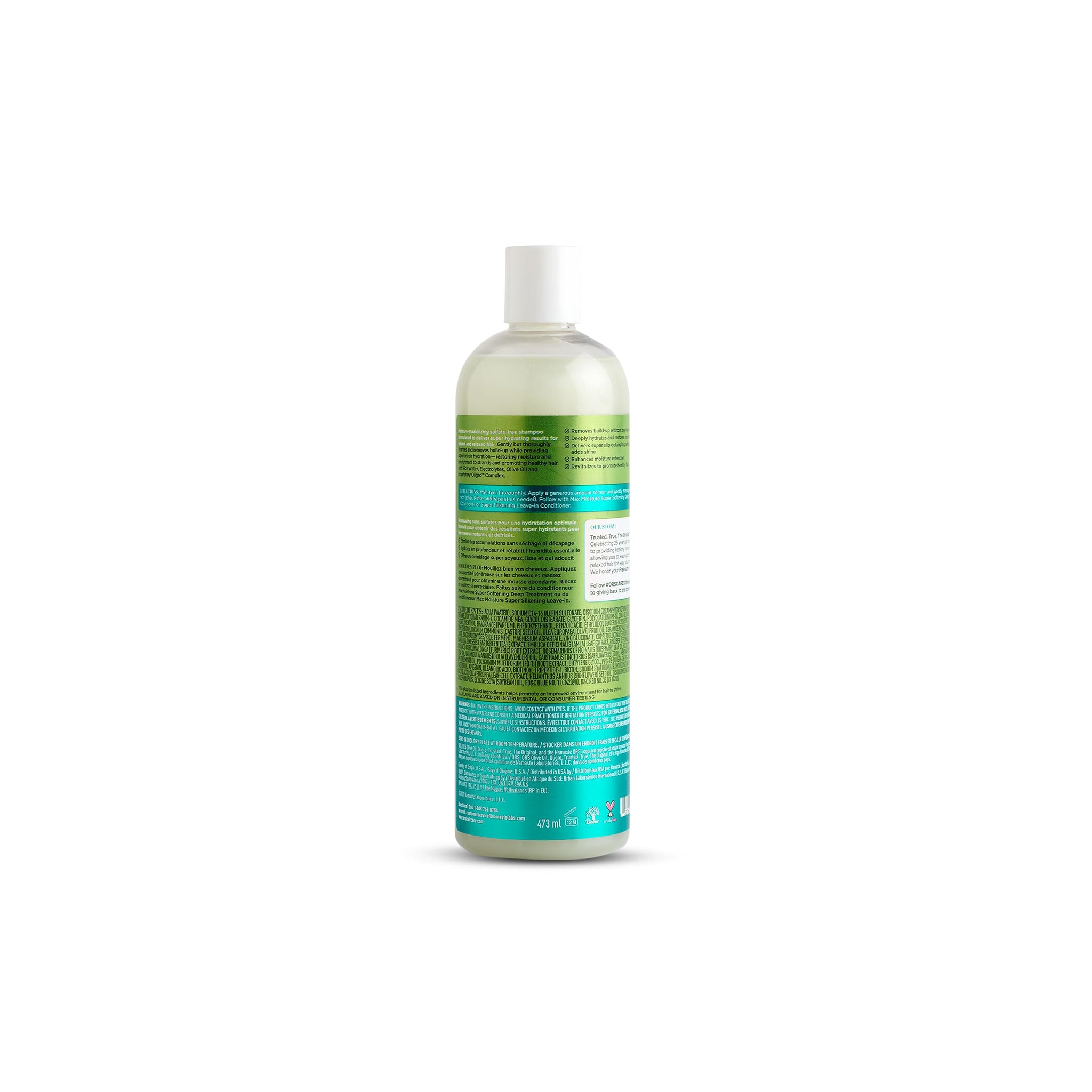 Bagsiden af ORS Olive Oil Max Moisture Super Hydrating Sulfate-Free Shampoo (473 ml) med information om ingredienser og brug.