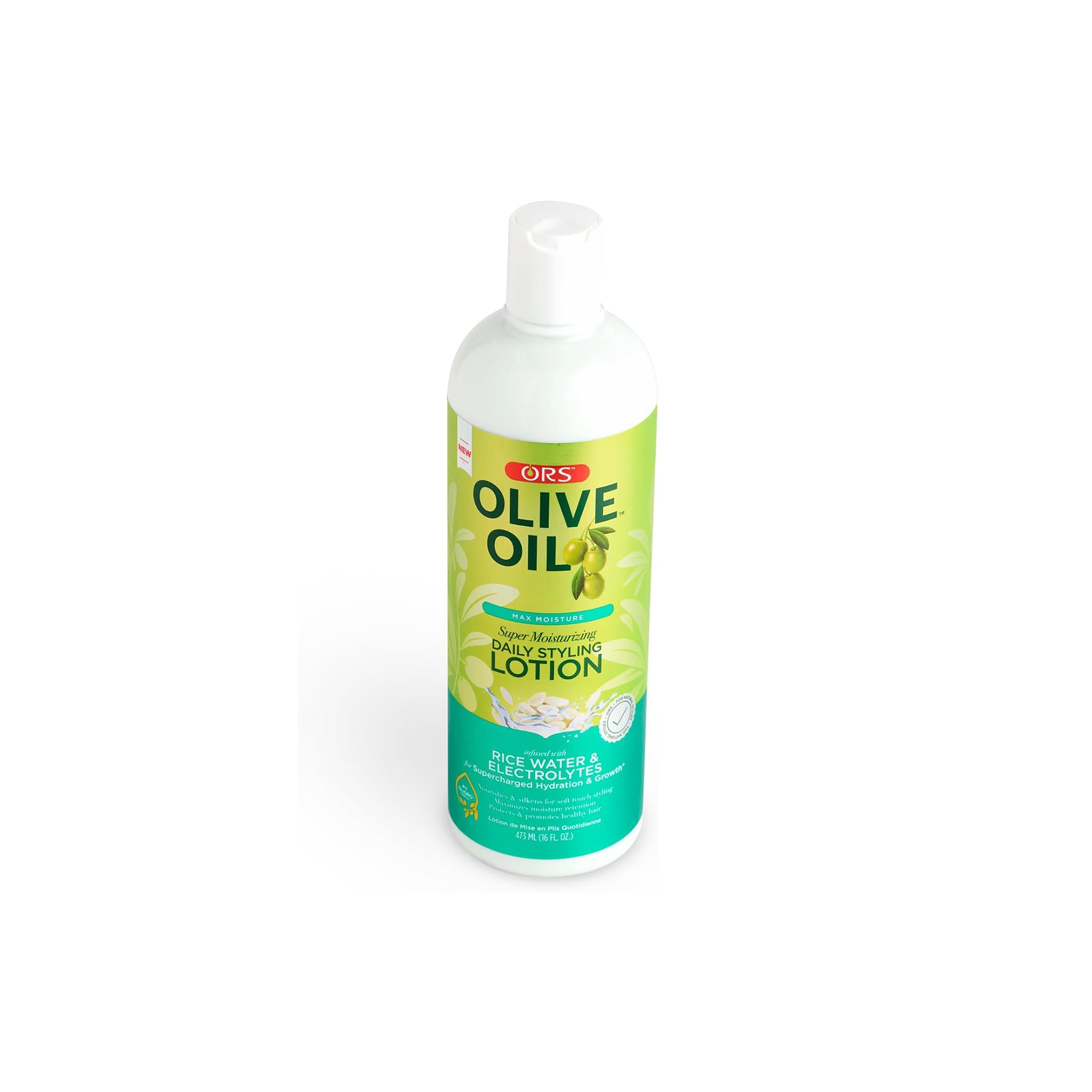 Flaske med ORS Olive Oil Max Moisture Super Moisturizing Daily Styling Lotion (473 ml) til daglig styling.