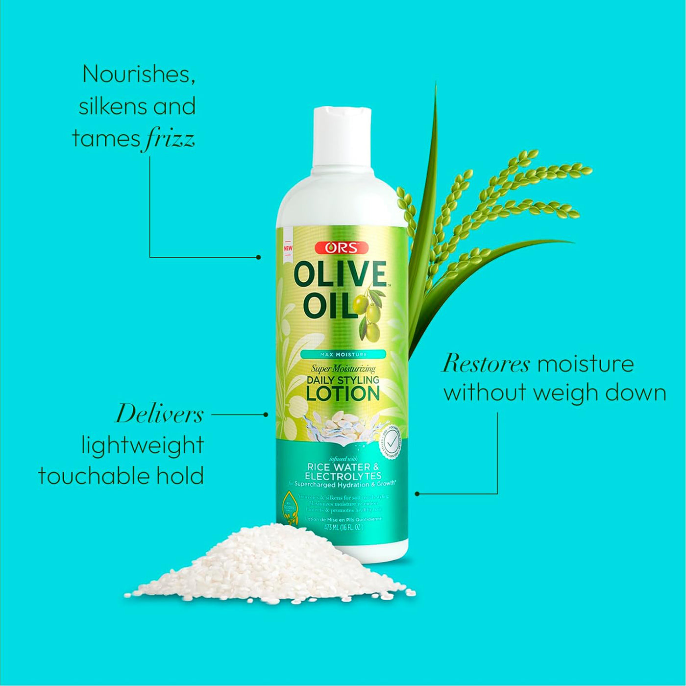 Produktbillede af ORS Olive Oil Styling Lotion (473 ml) med grafiske elementer, der fremhæver let hold, fugt og anti-krus effekt.