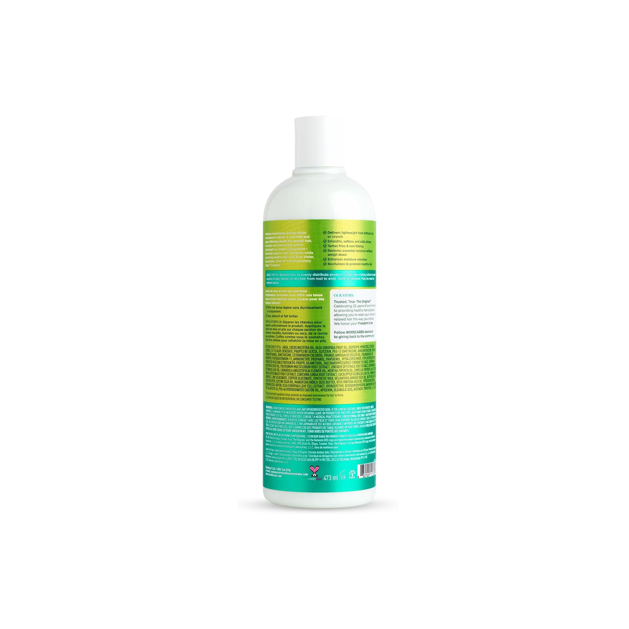 Bagsiden af ORS Olive Oil Max Moisture Styling Lotion (473 ml) med information om ingredienser og brugsanvisning.