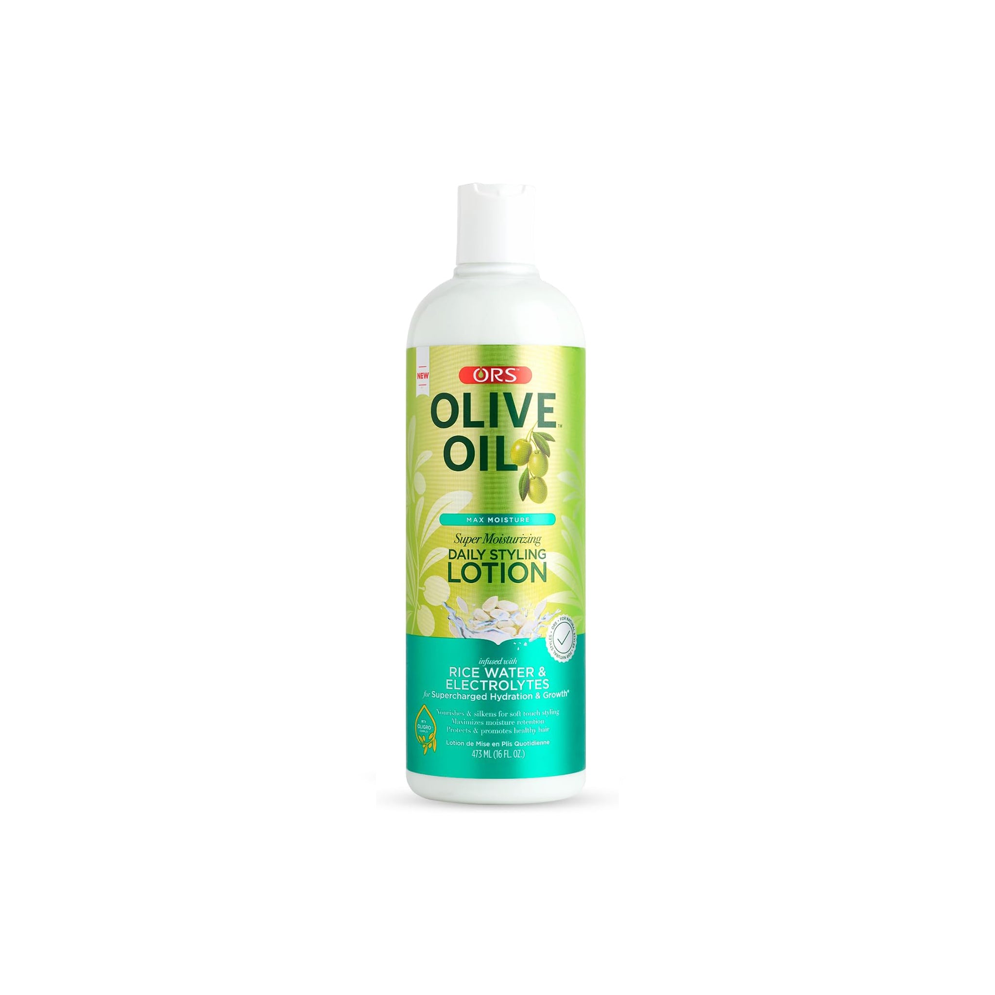 Flaske med ORS Olive Oil Max Moisture Super Moisturizing Daily Styling Lotion (473 ml) for intens fugt.