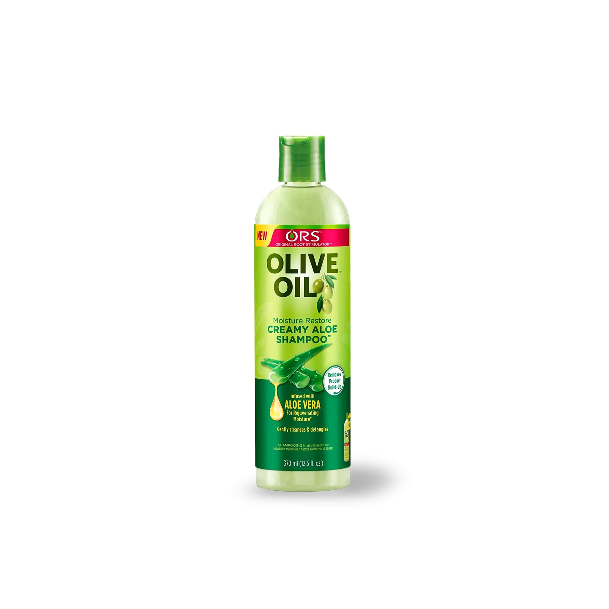 Flaske med ORS Olive Oil Creamy Aloe Shampoo (370 ml). Produktet renser og udglatter håret skånsomt.