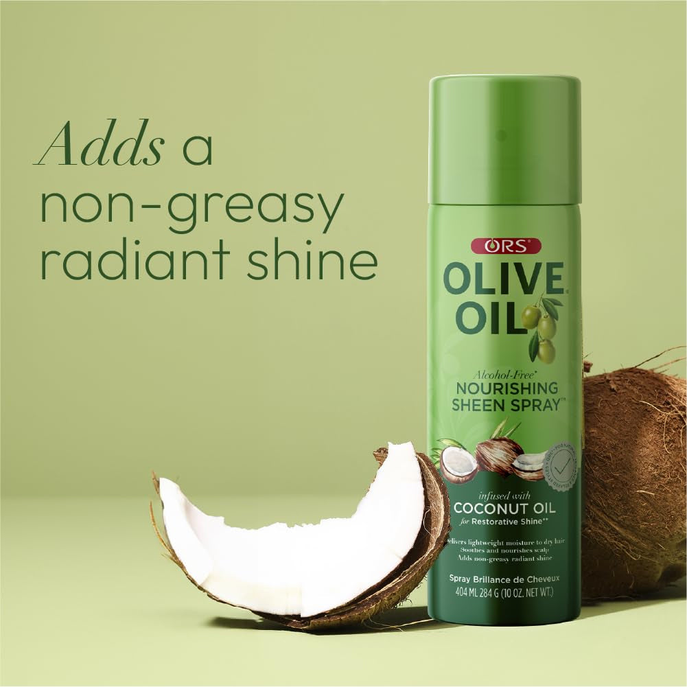 ORS Olive Oil Nourishing Sheen Spray med kokosolie. Billedet viser produktet sammen med en åben kokosnød, der understreger ingrediensen.